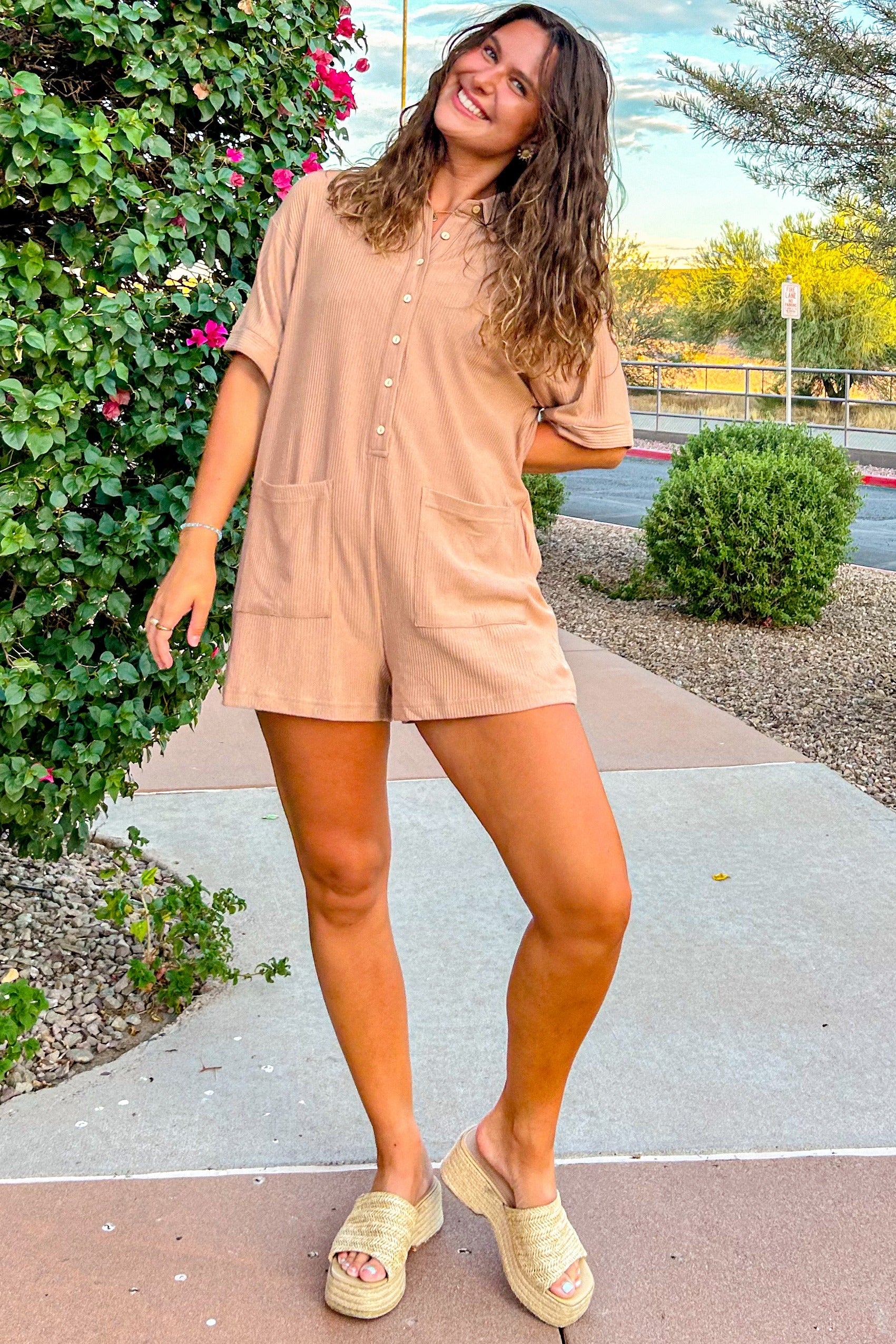 Almond Ribbed Button Down Romper - Image 5