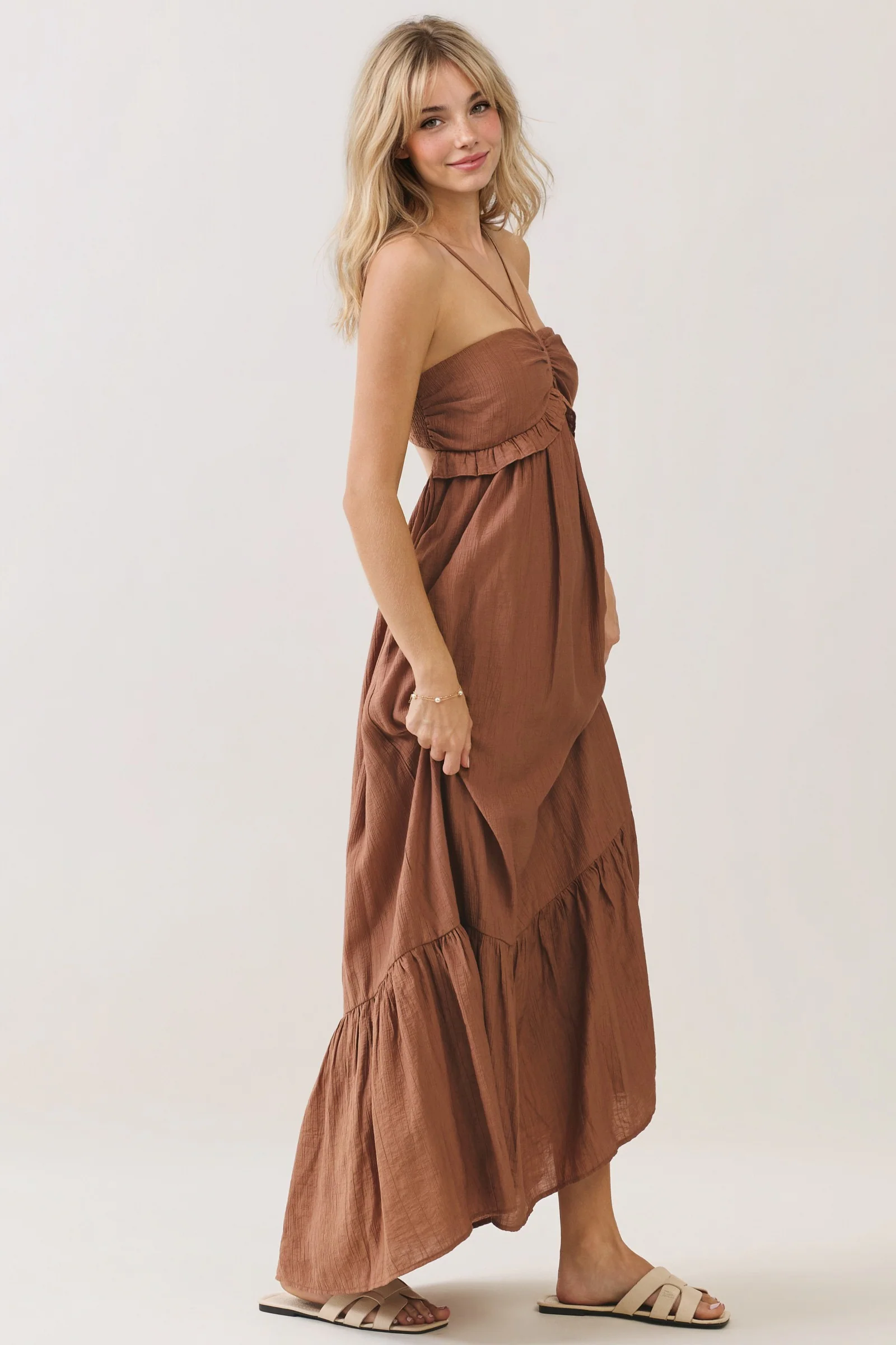 Amber Brown Halter Neck Tiered Cutout Maxi Dress - Image 2