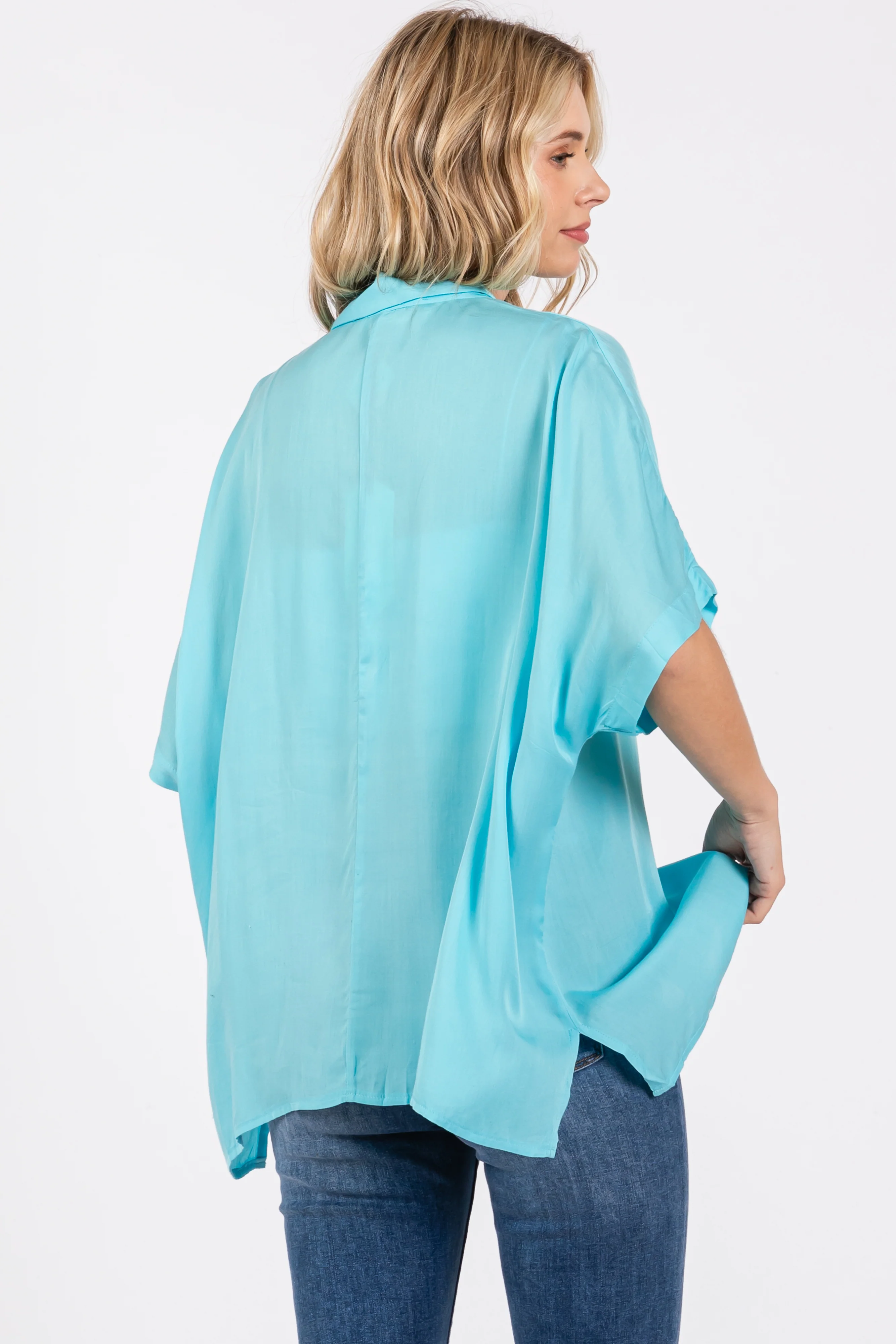Aqua Dolman Sleeve Button Down Blouse - Image 3