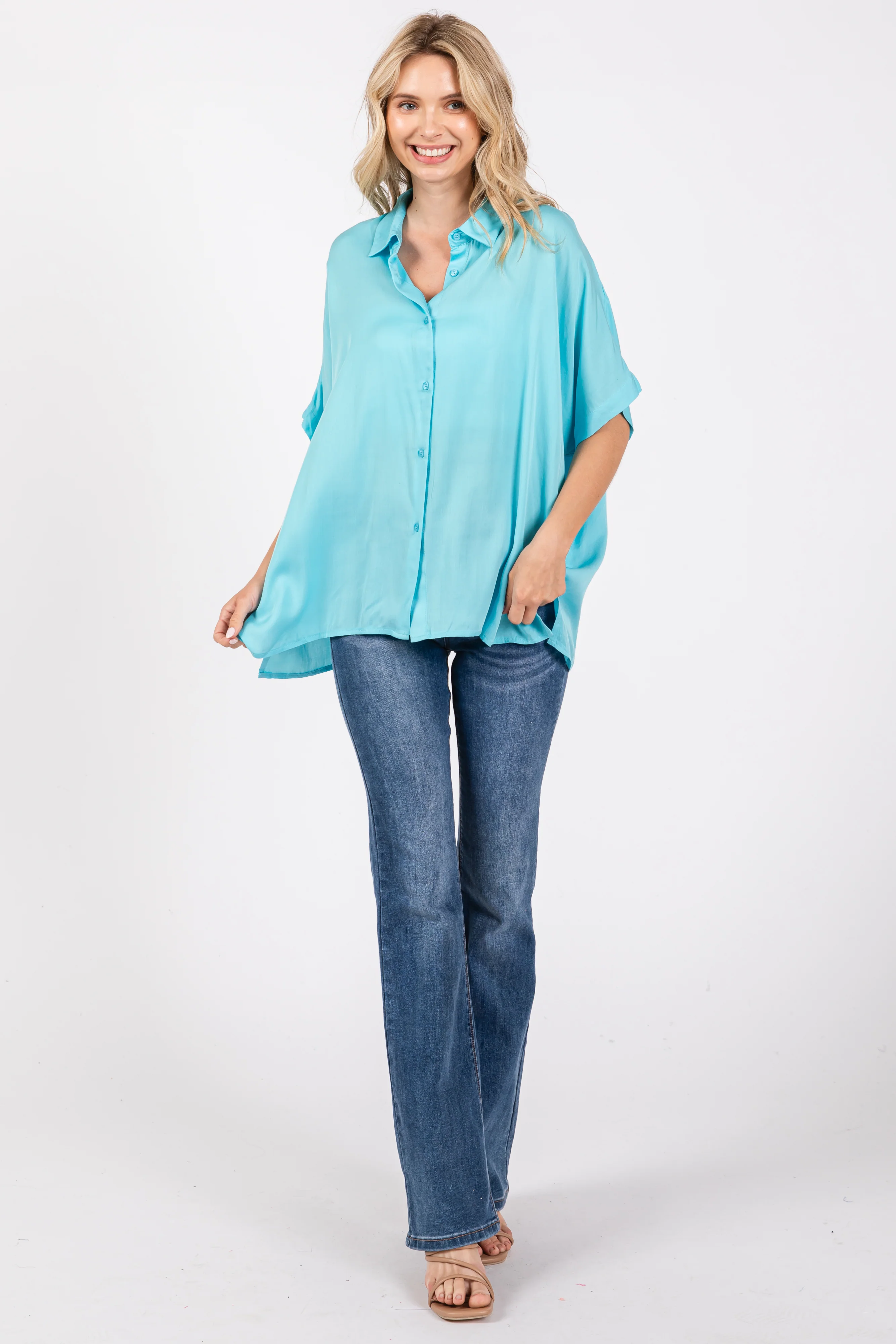 Aqua Dolman Sleeve Button Down Blouse - Image 4