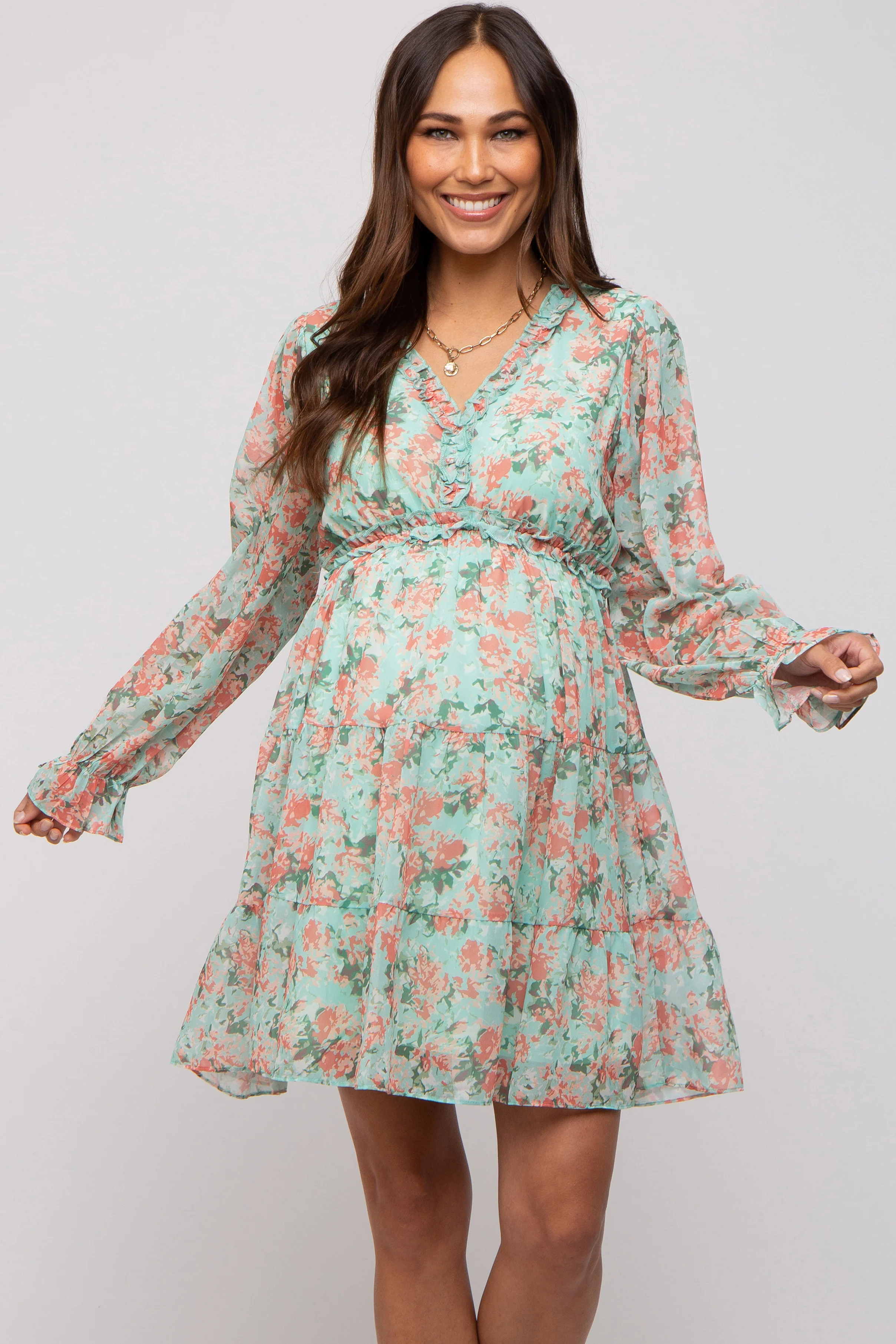 Aqua Floral Ruffle Accent Maternity Dress - Image 2