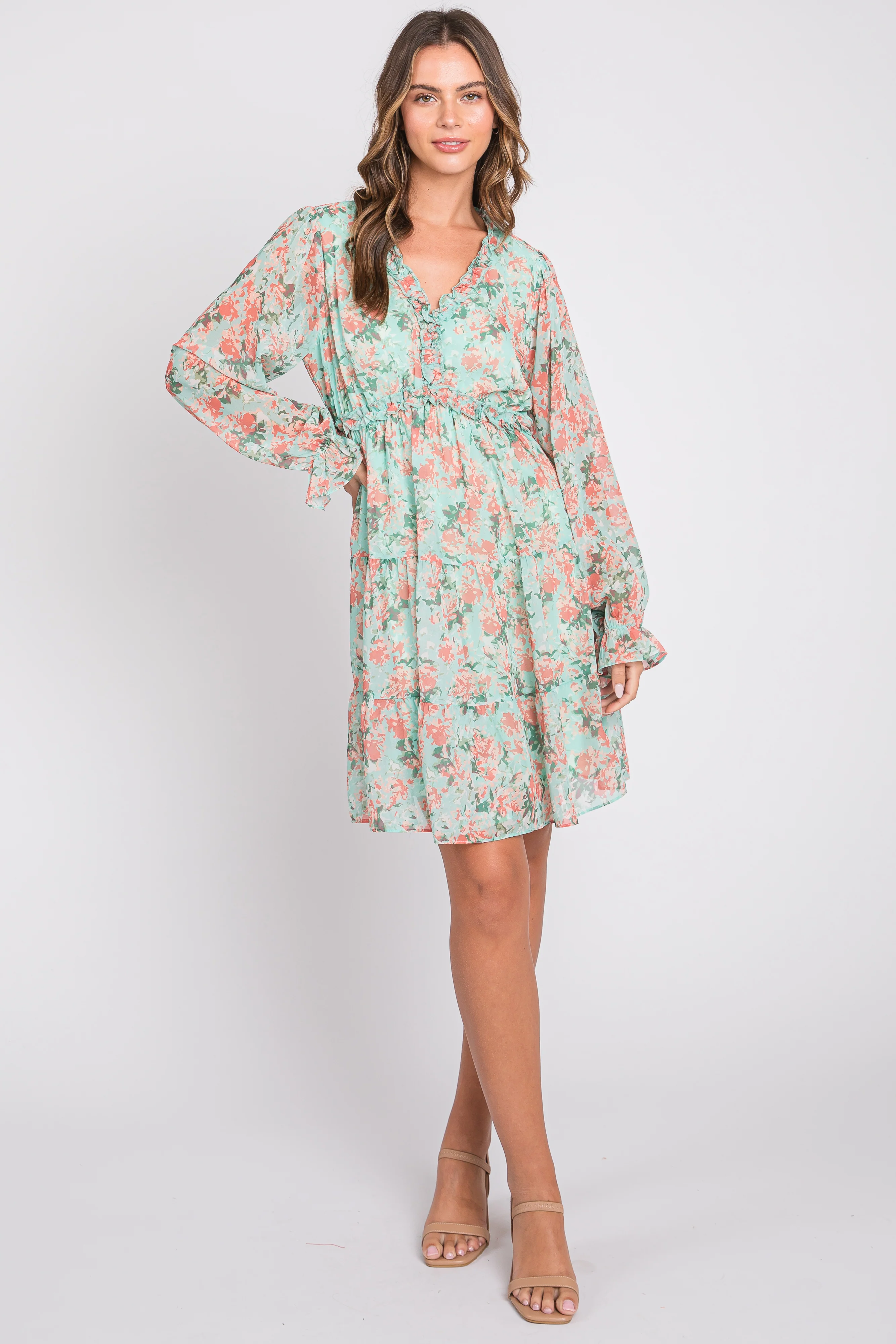 Aqua Floral Ruffle Accent Maternity Dress - Image 5