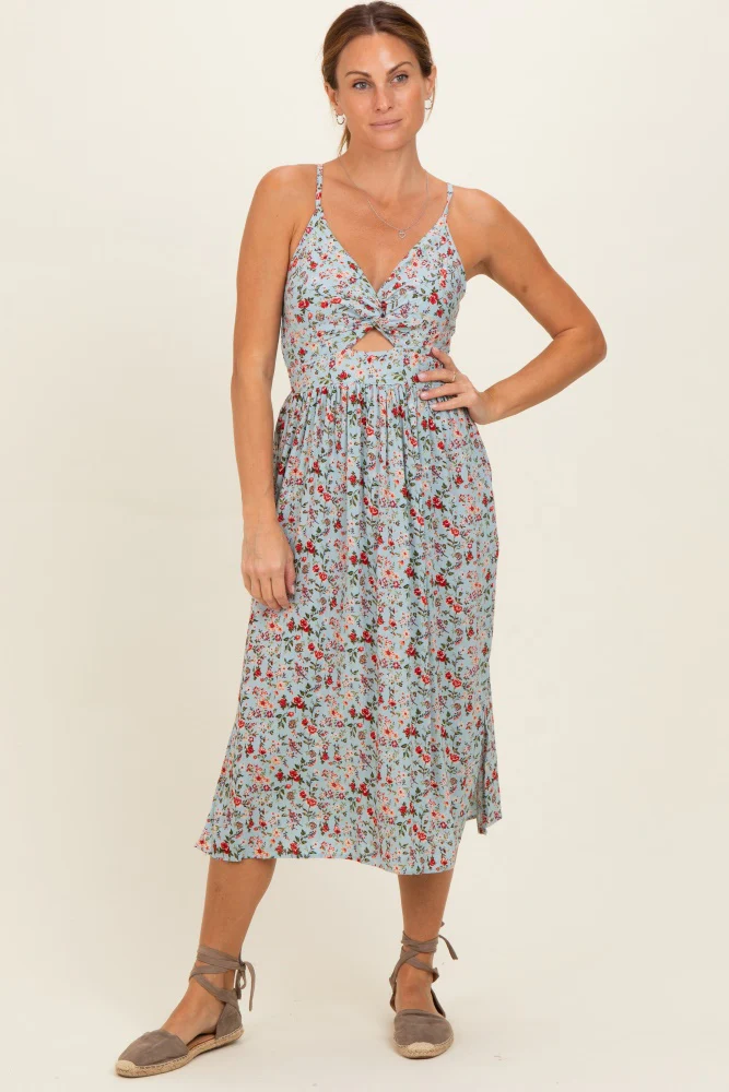 Aqua Floral Twisted Front Cutout Maternity Midi Dress - Image 3