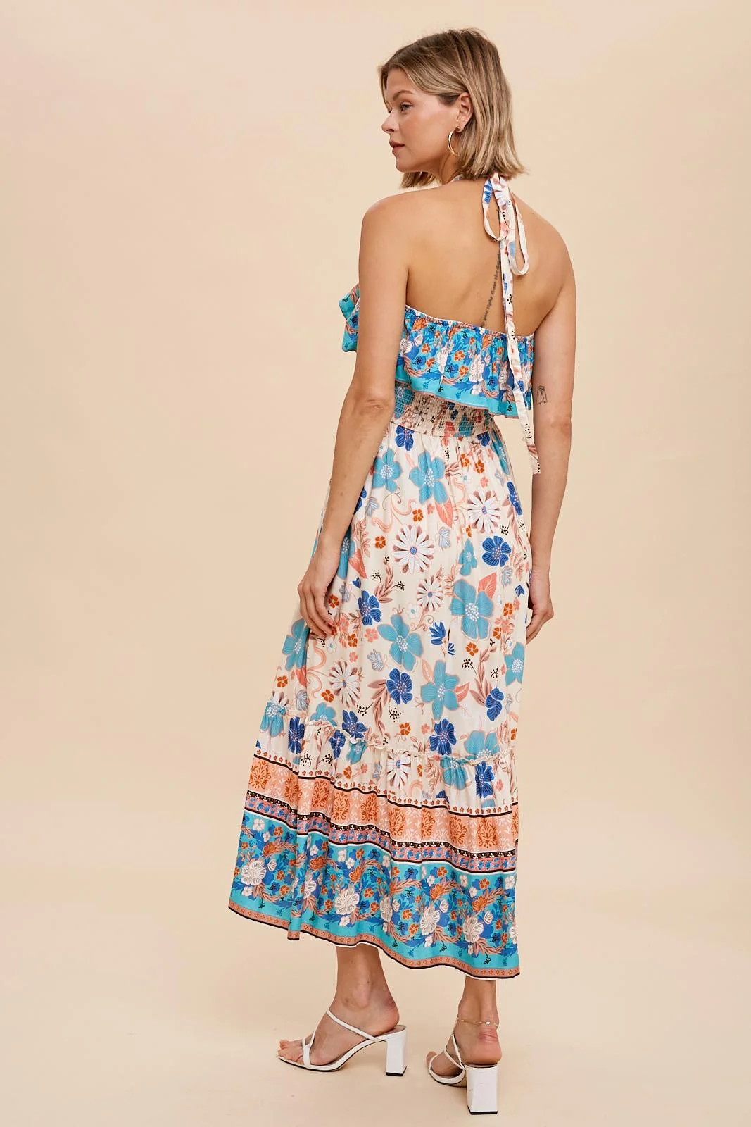 Aqua Flounced Border Print Smocked Midi - Image 3