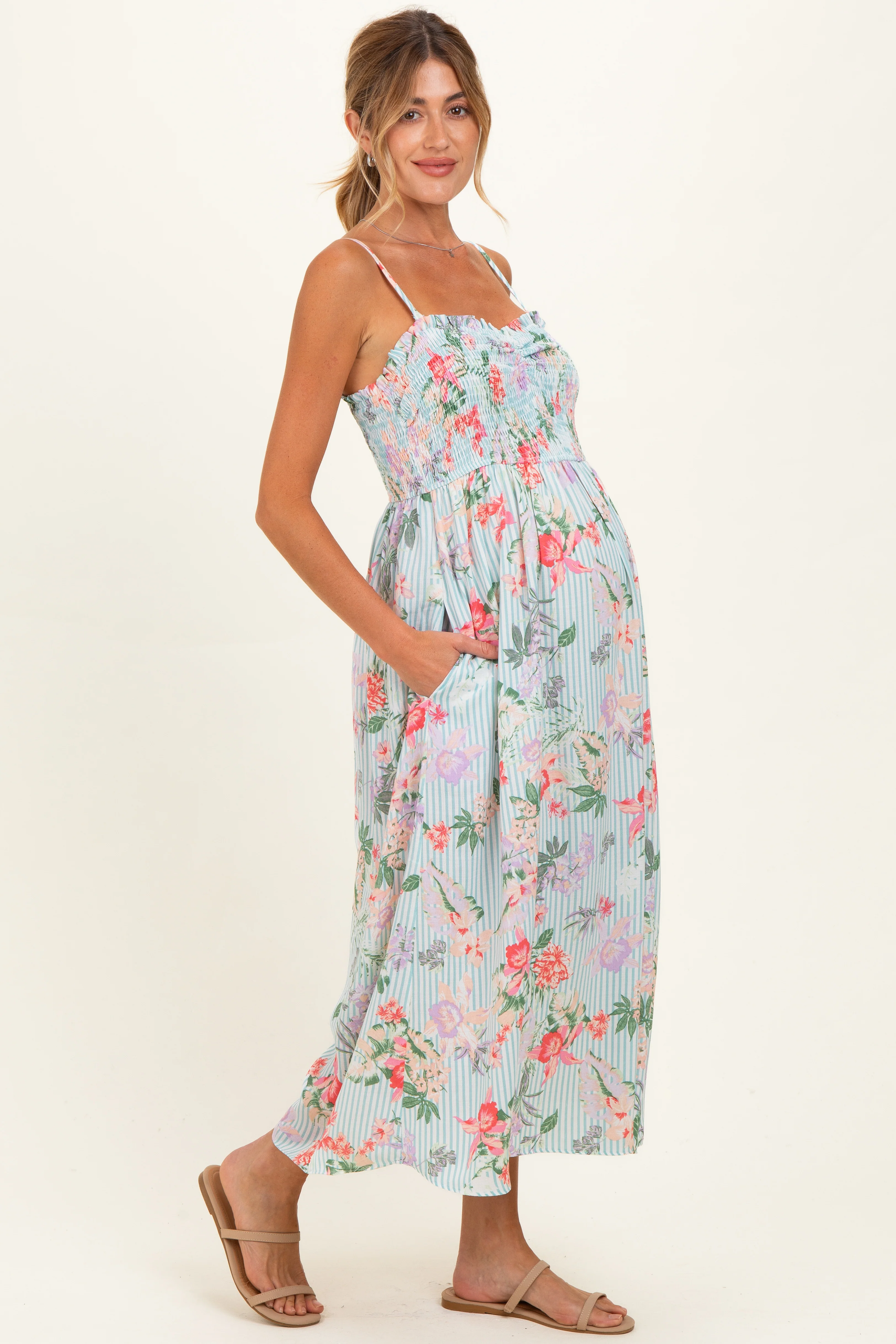 Aqua Multi Floral Print Smocked Chest Maternity Maxi Dress - Image 2