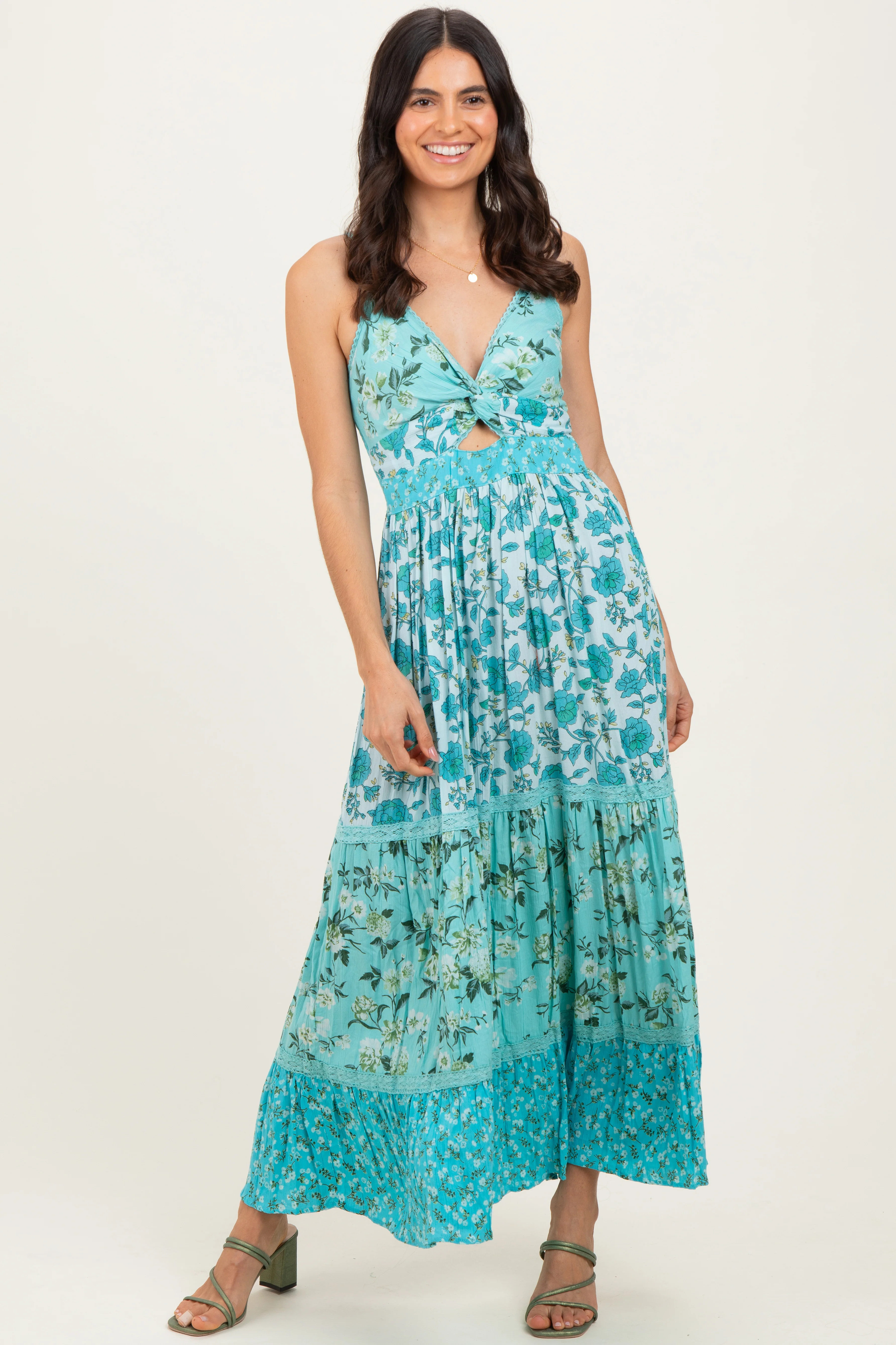 Aqua Multi Floral Print Twist Front Cutout Maxi Dress - Image 2