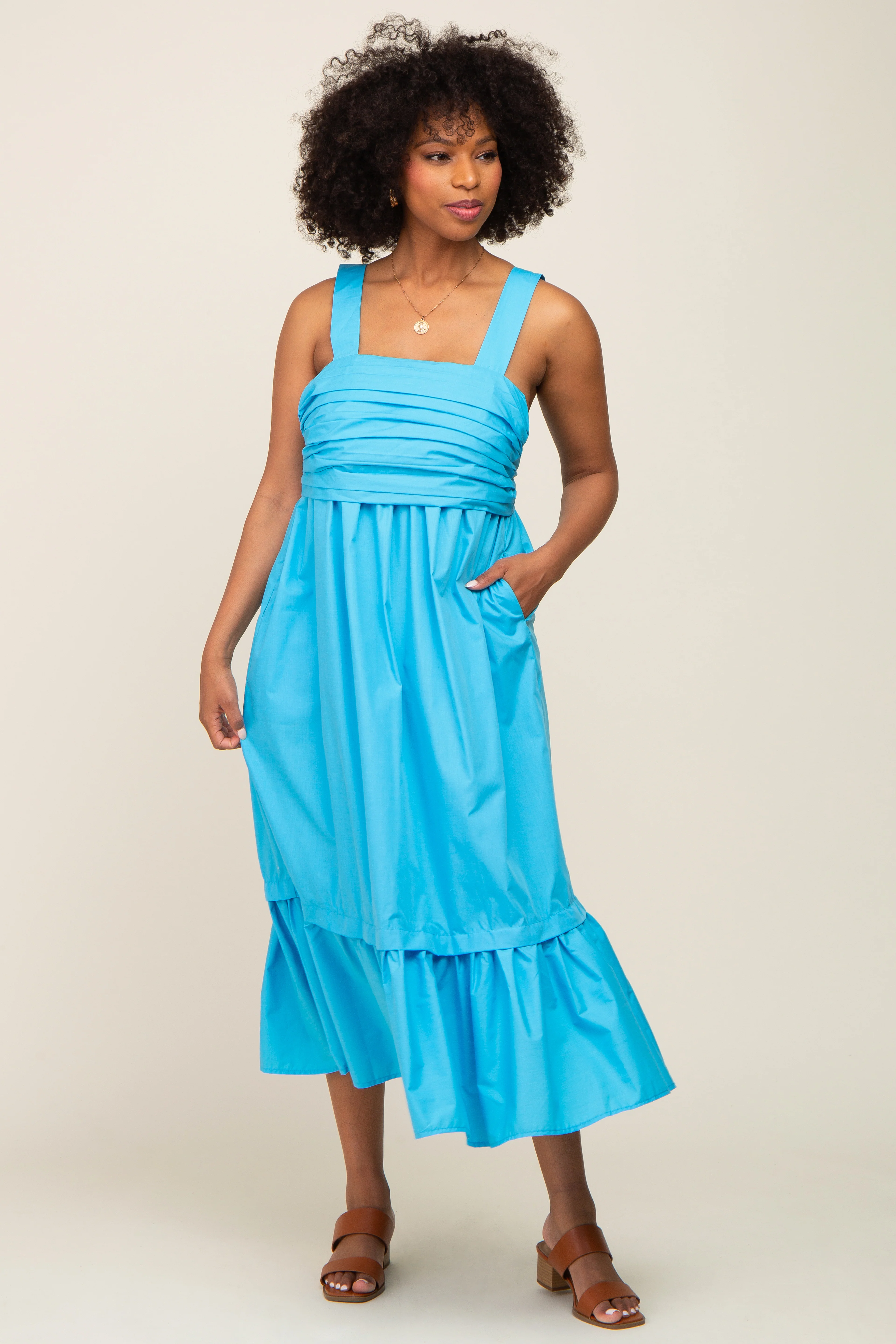 Aqua Pleated Back Tie Midi Dress - Image 4