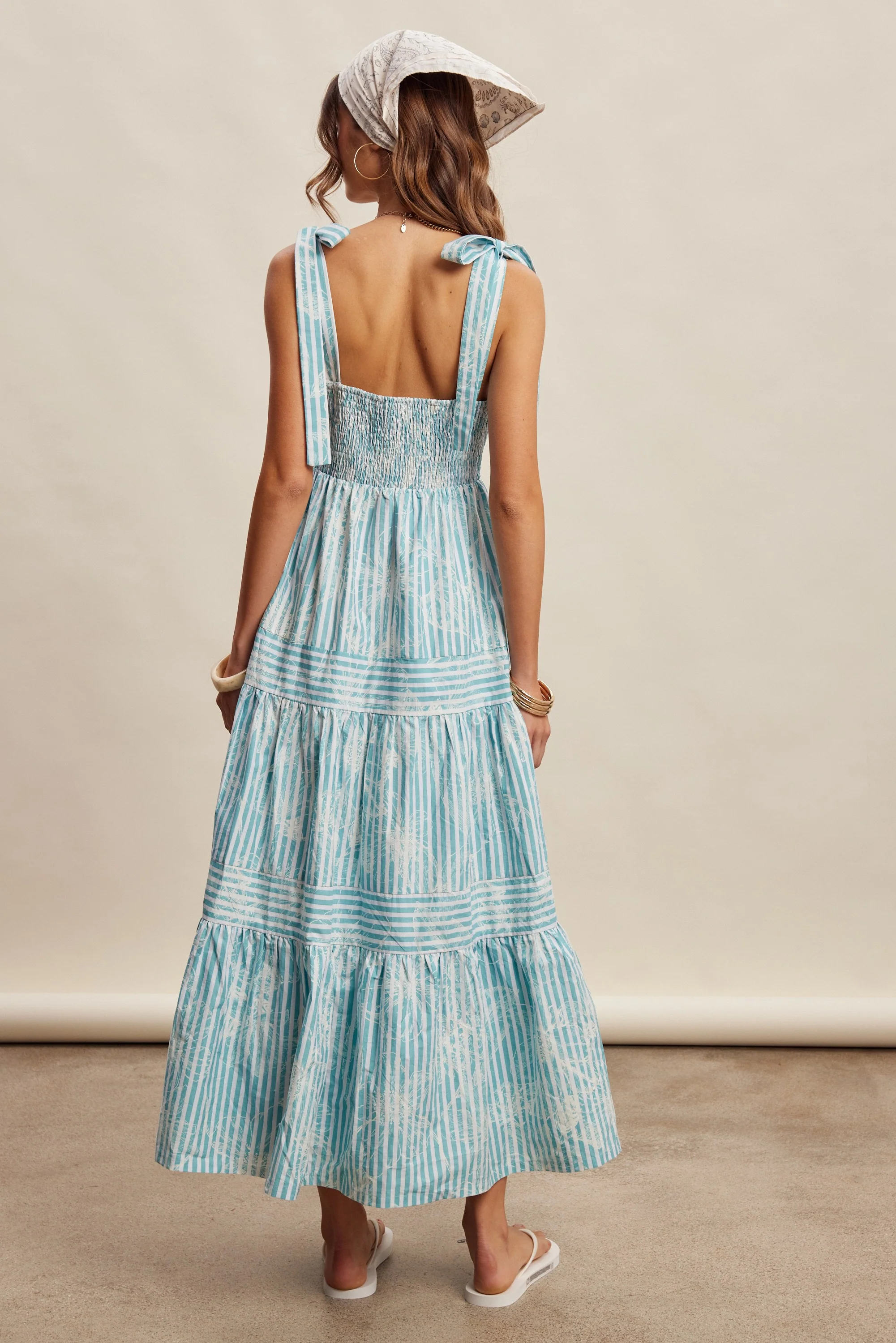 Aqua Striped Shoulder Tie Tiered Maxi Dress - Image 4