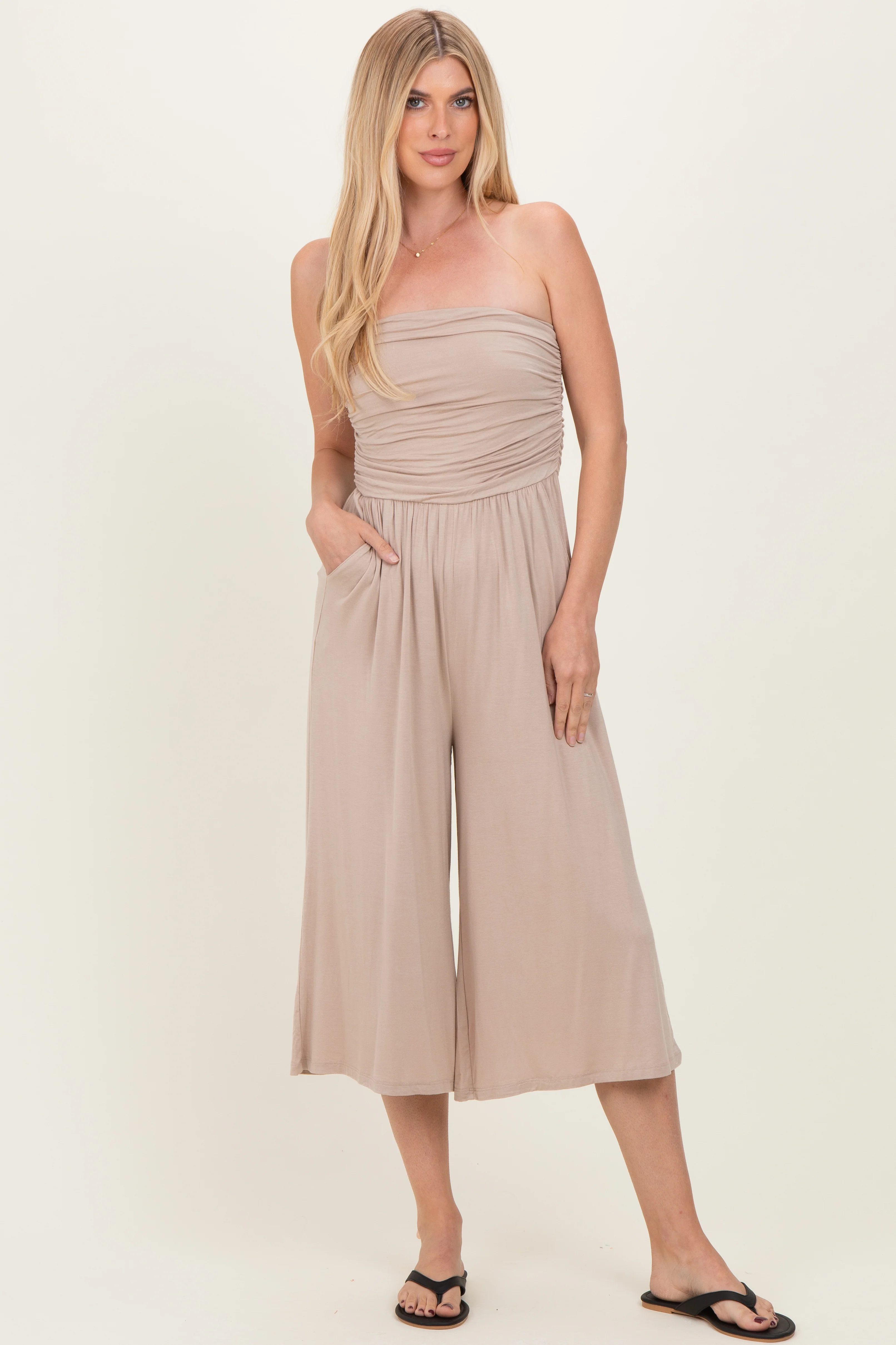 Ash Mocha Double Layered Strapless Tube Top Maternity Jumpsuit - Image 3
