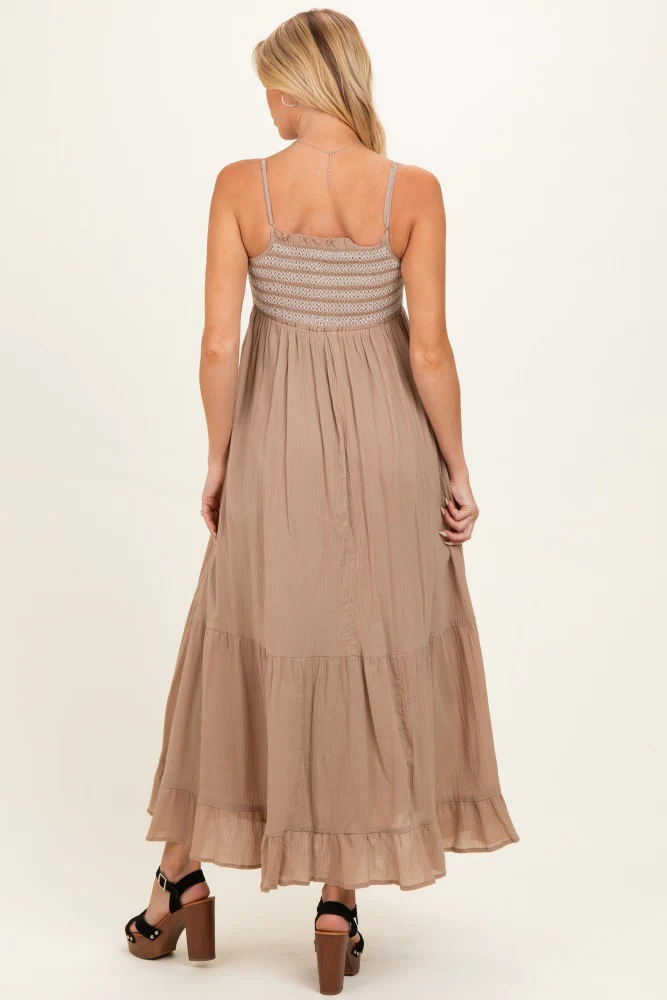 Beach Sand Embroidered Smocked Maternity Maxi Dress - Image 3
