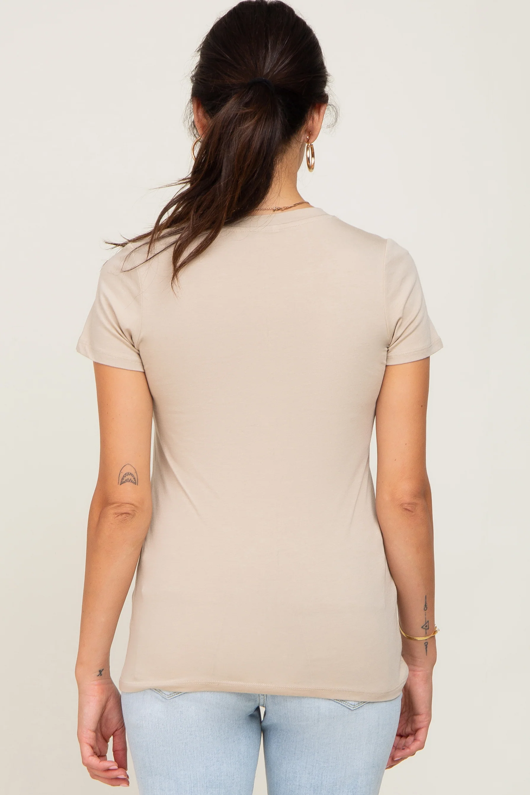 Beige Basic Crew Neck Tee - Image 3