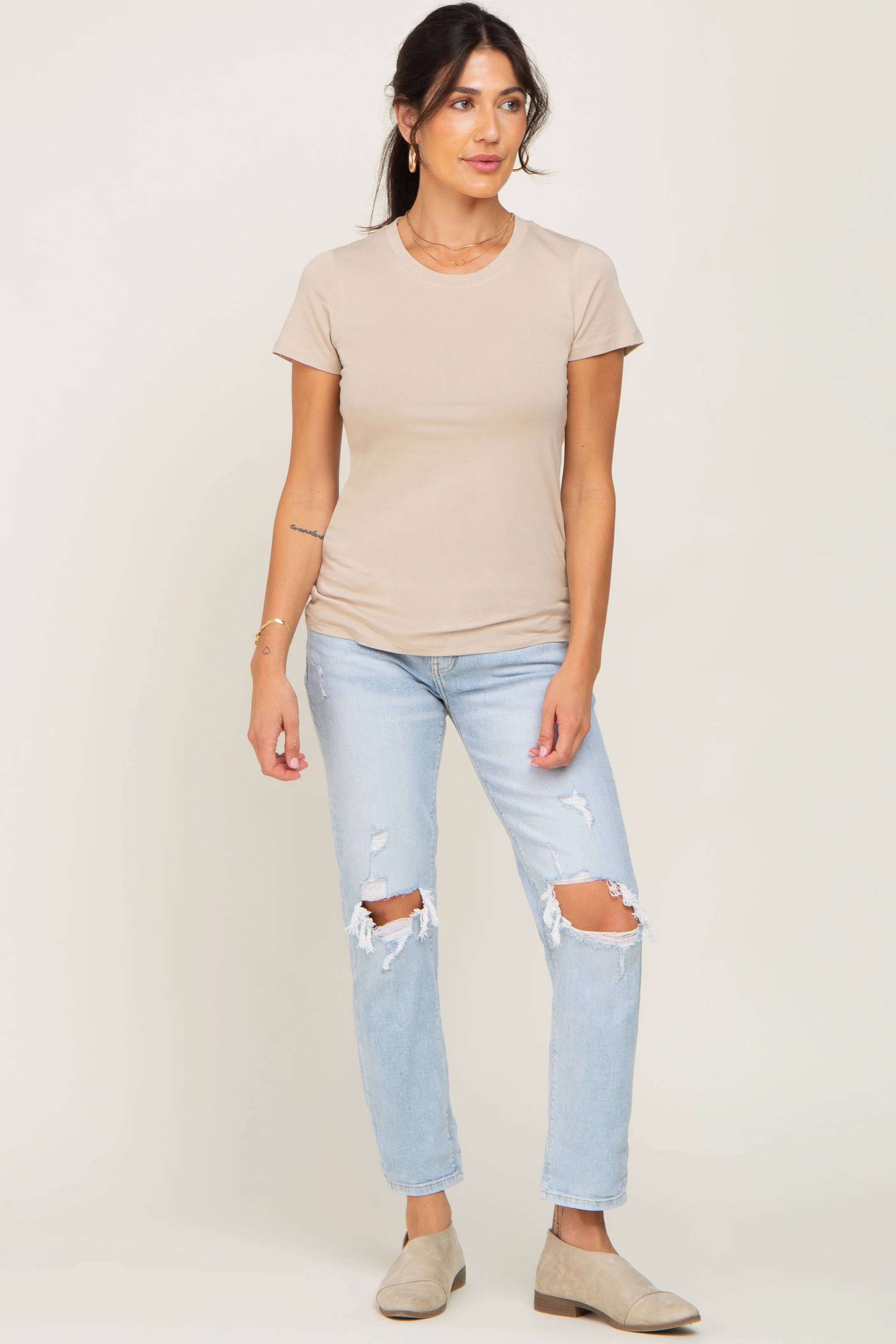 Beige Basic Crew Neck Tee - Image 4