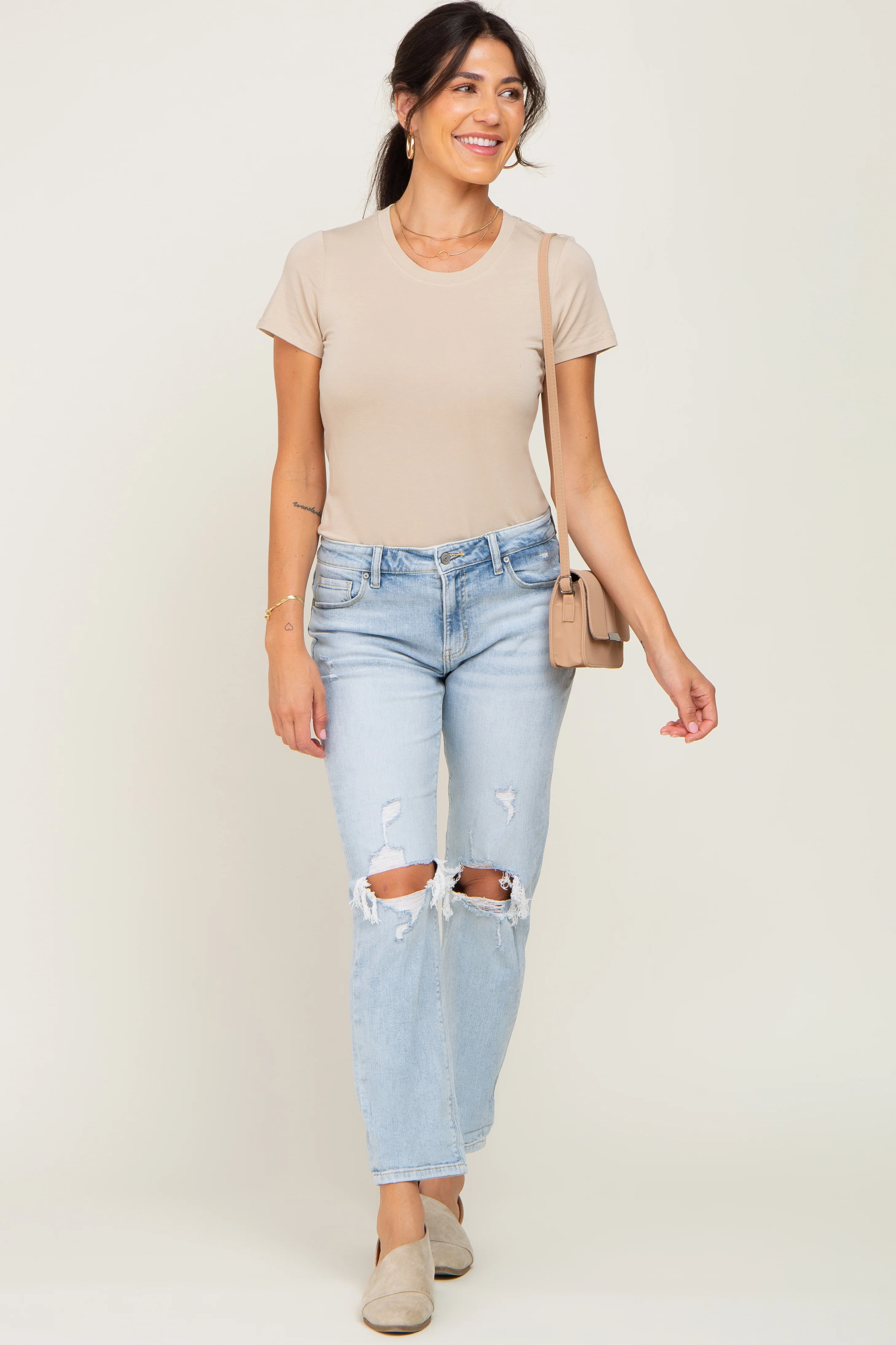 Beige Basic Crew Neck Tee - Image 6