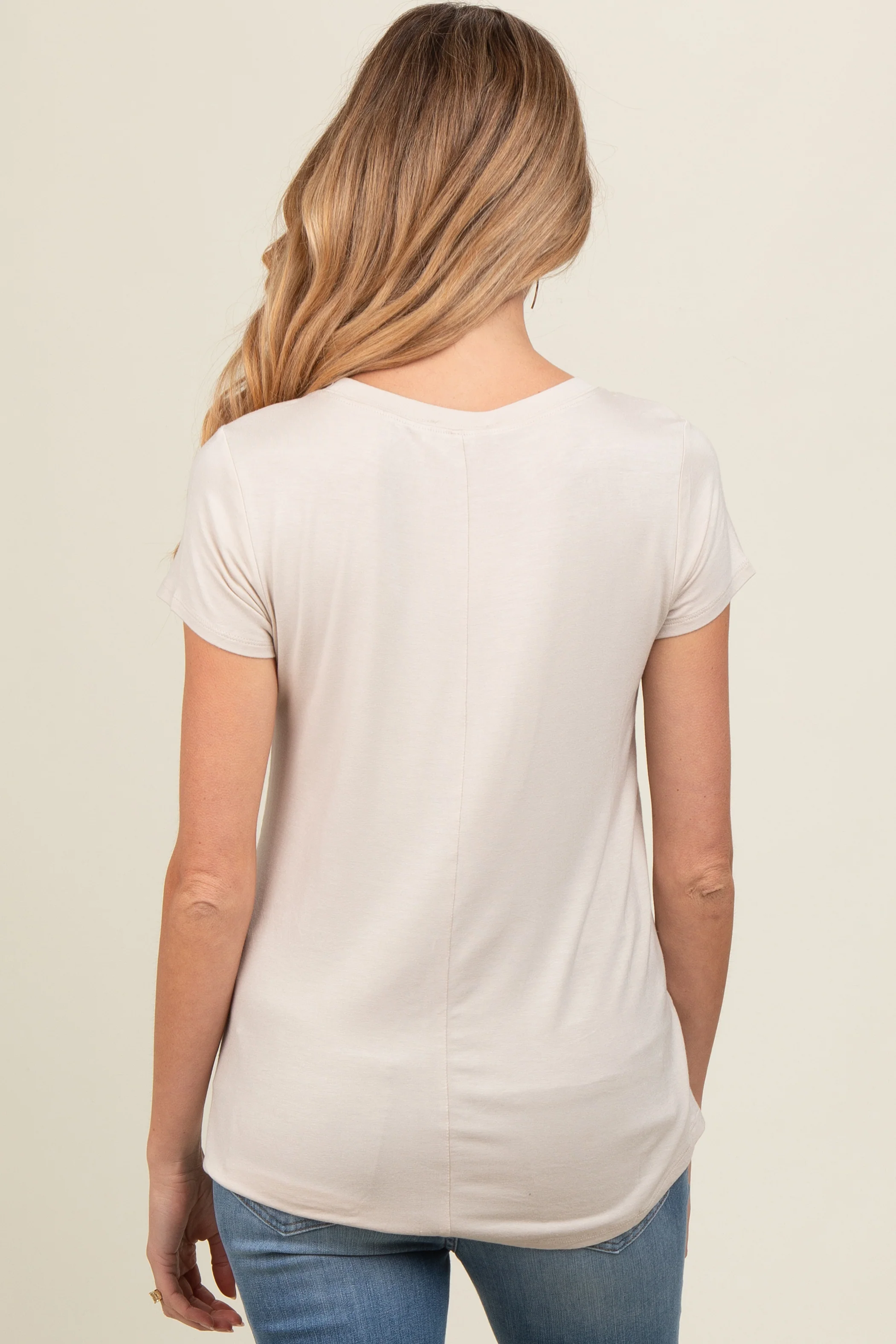 Beige Basic Short Sleeve Maternity Top - Image 3
