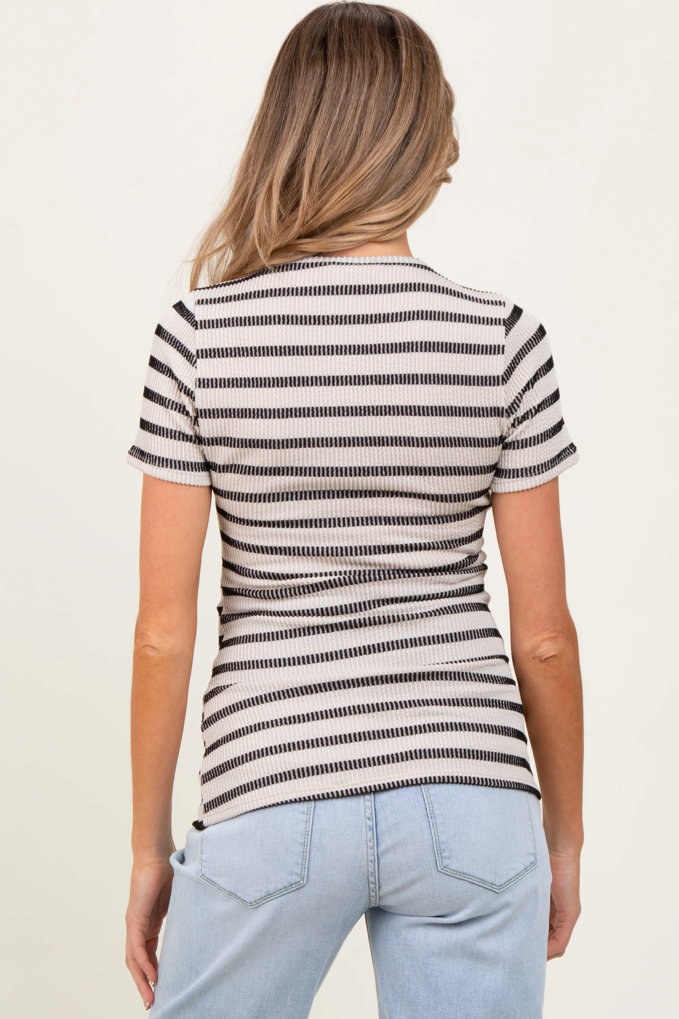 Beige Black Stripe Short Sleeve Round Neck Maternity Top - Image 4
