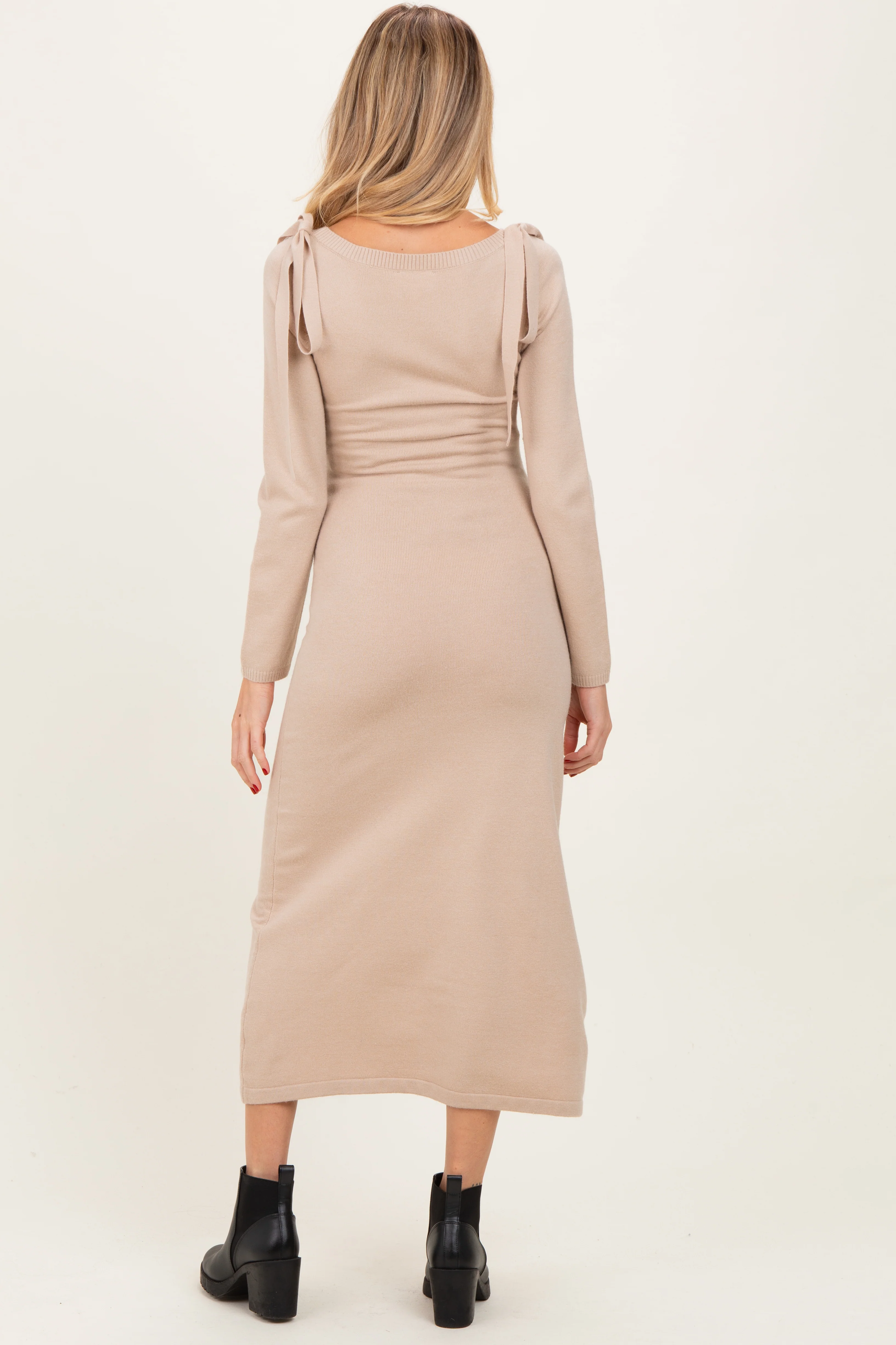 Beige Bow Shoulder Maternity Knit Dress - Image 4