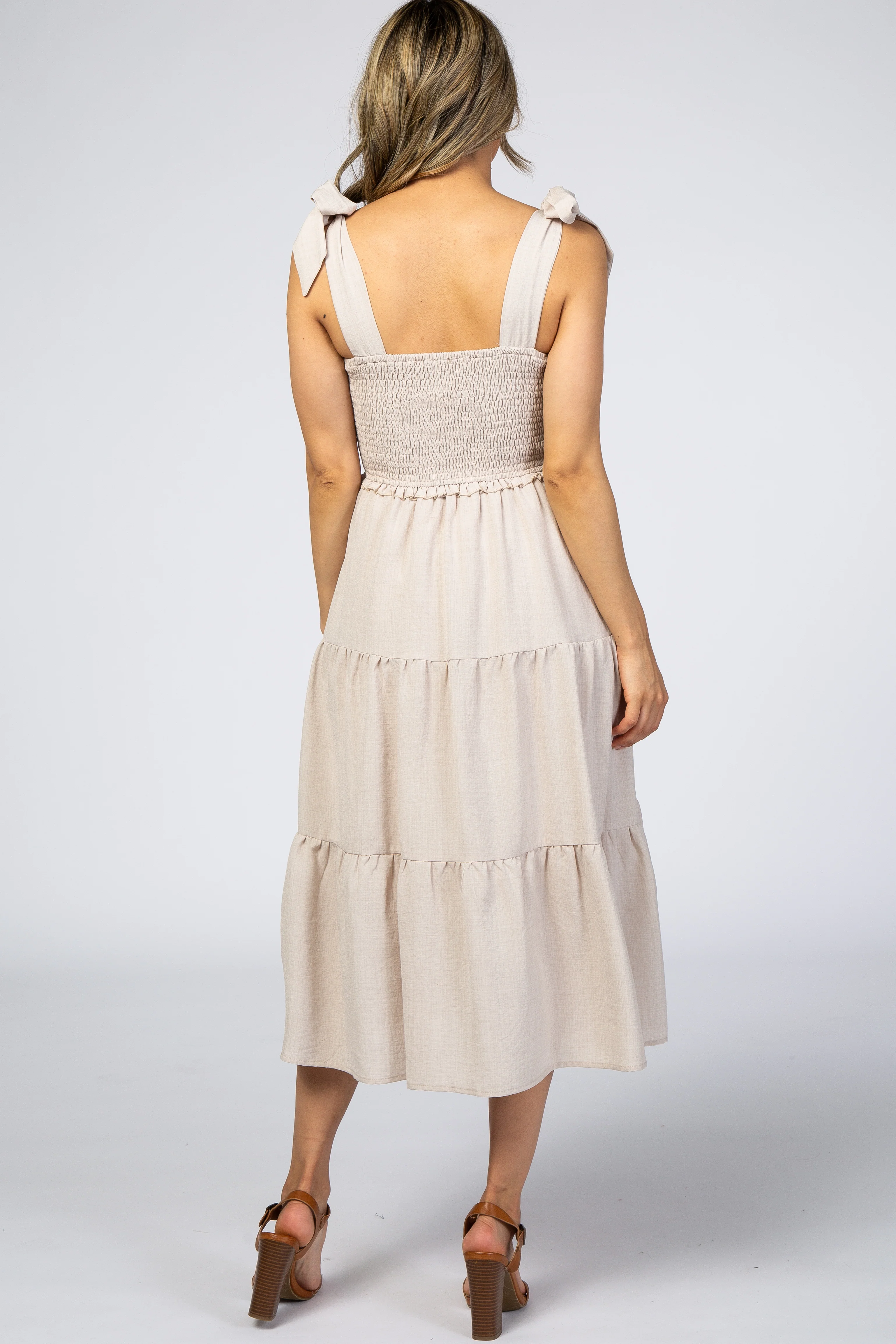 Beige Bow Strap Tiered Midi Dress - Image 3