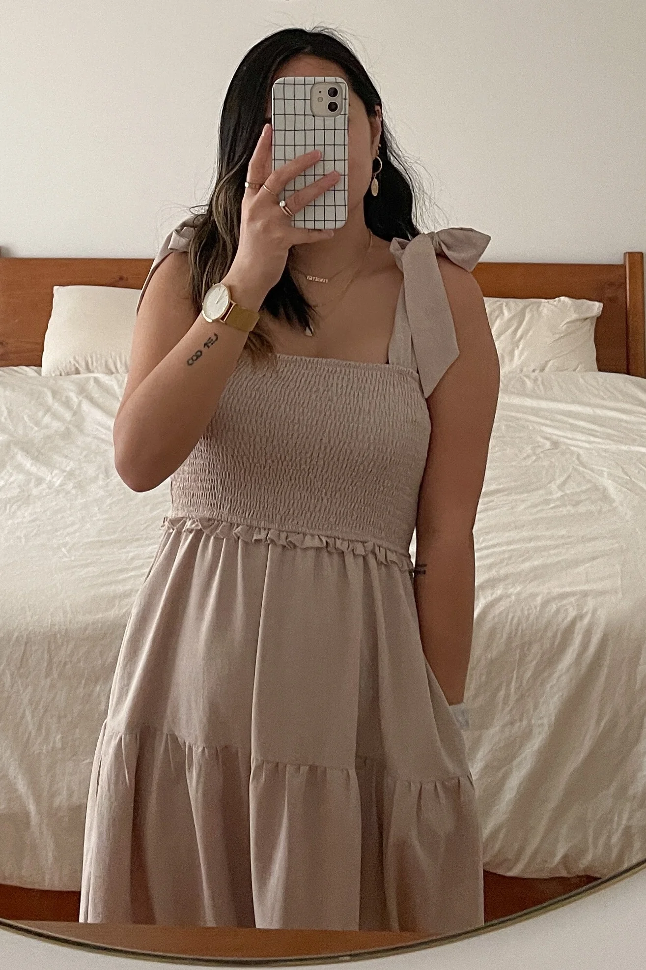 Beige Bow Strap Tiered Midi Dress - Image 5