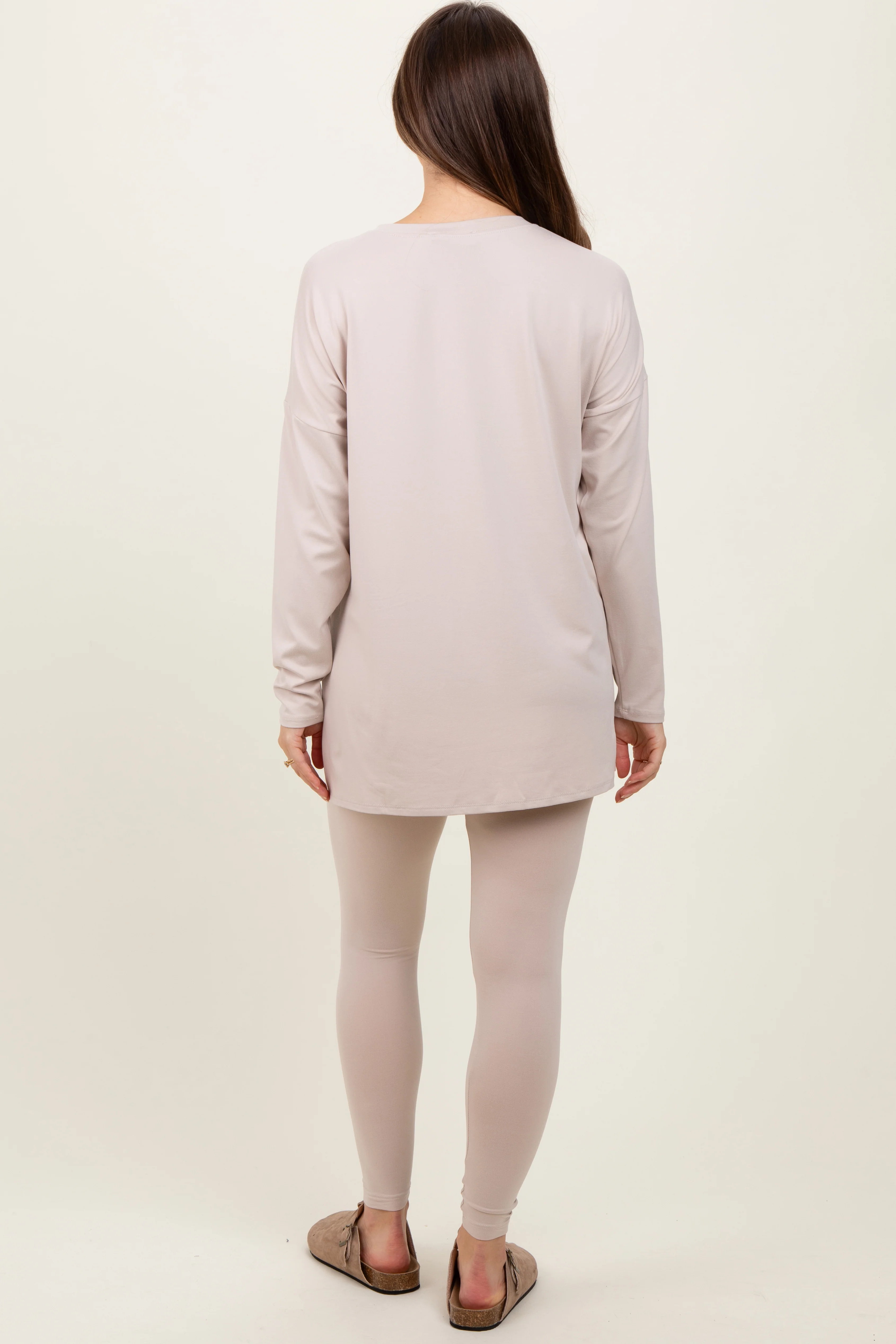 Beige Brushed Knit Maternity Oversized Top and Legging Set - Image 4