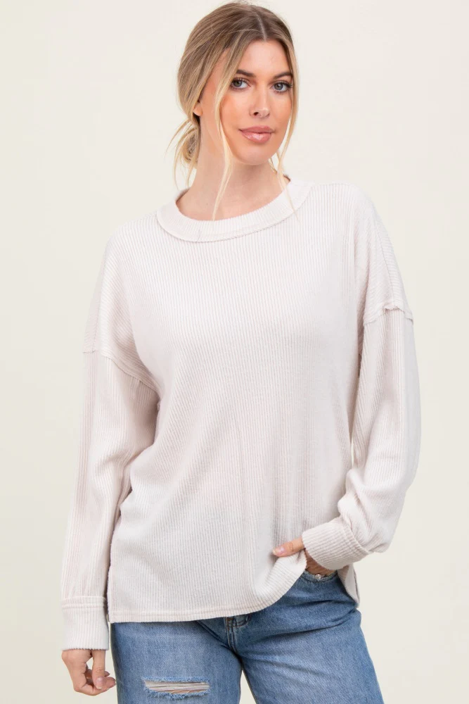 Beige Brushed Ribbed Knit Maternity Pullover - Image 4