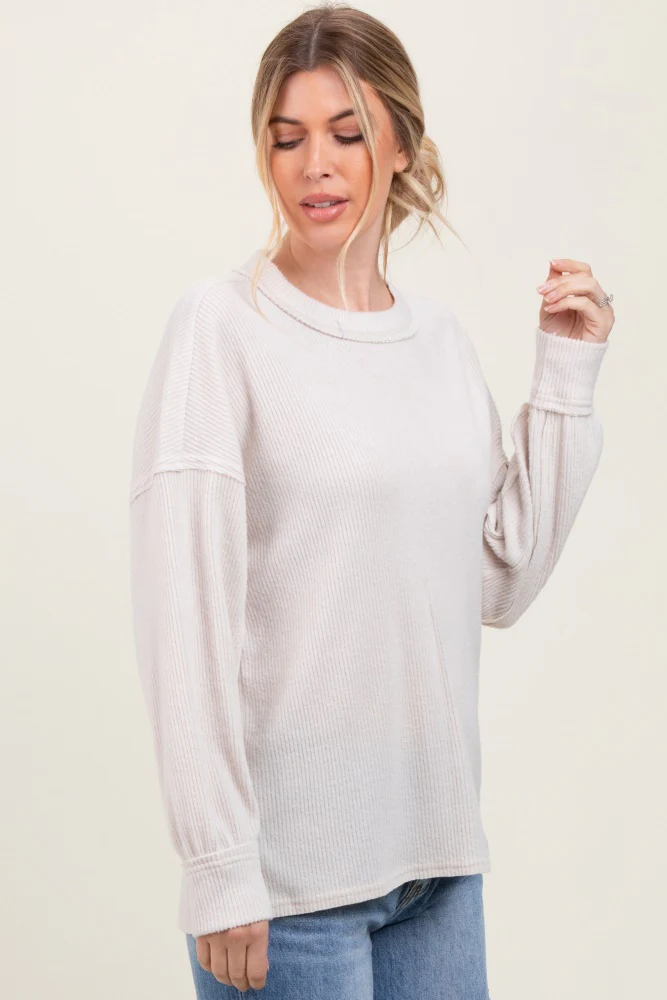 Beige Brushed Ribbed Knit Pullover - Image 3