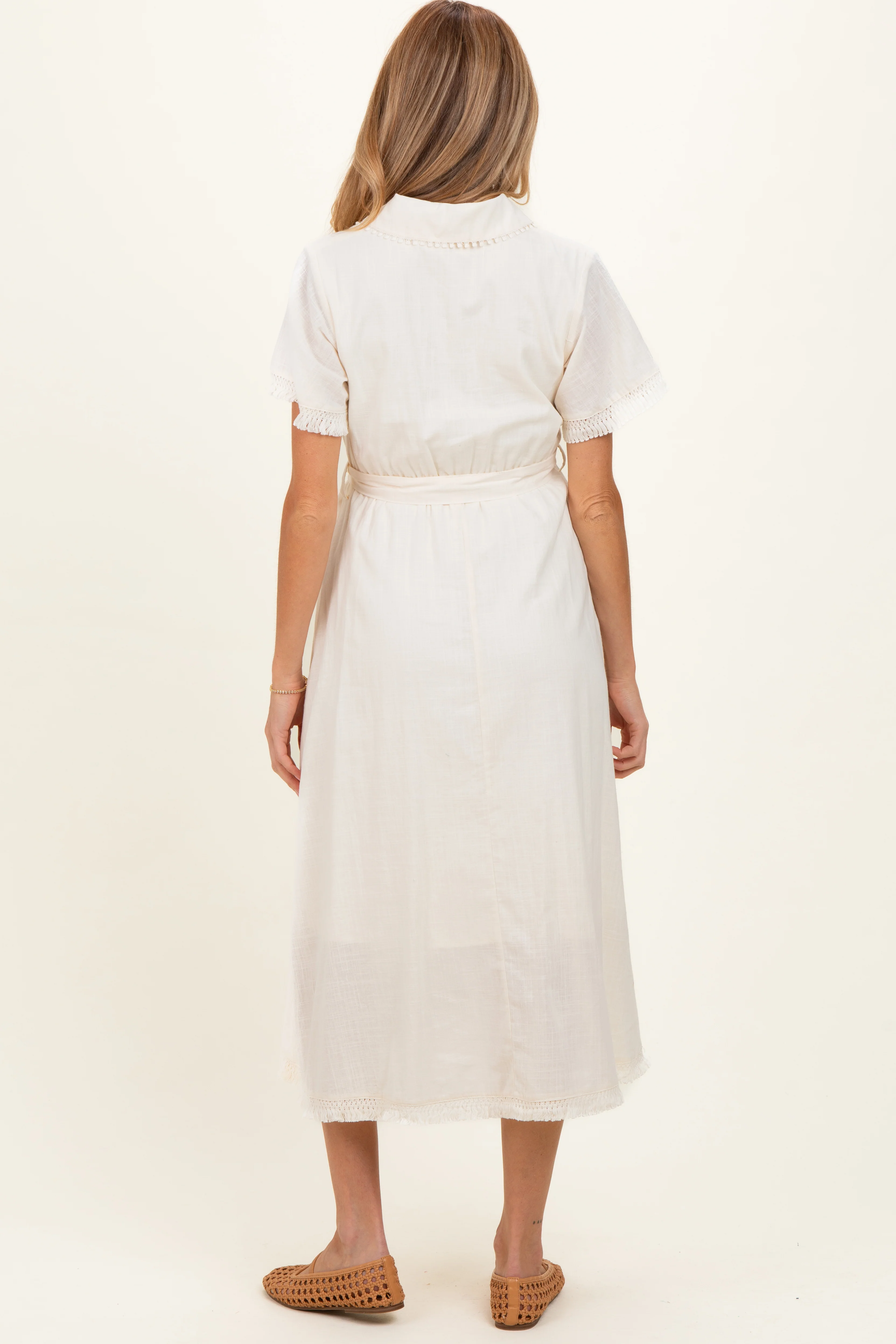 Beige Button Down Frayed Maternity Midi Dress - Image 4