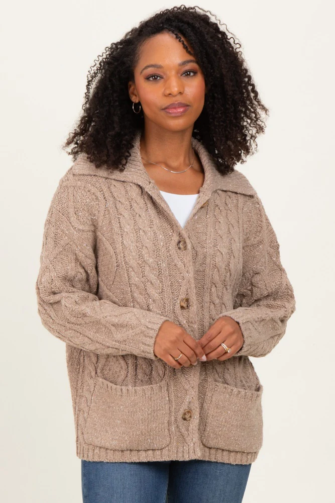 Beige Cable Knit Collared Button Up Cardigan - Image 3