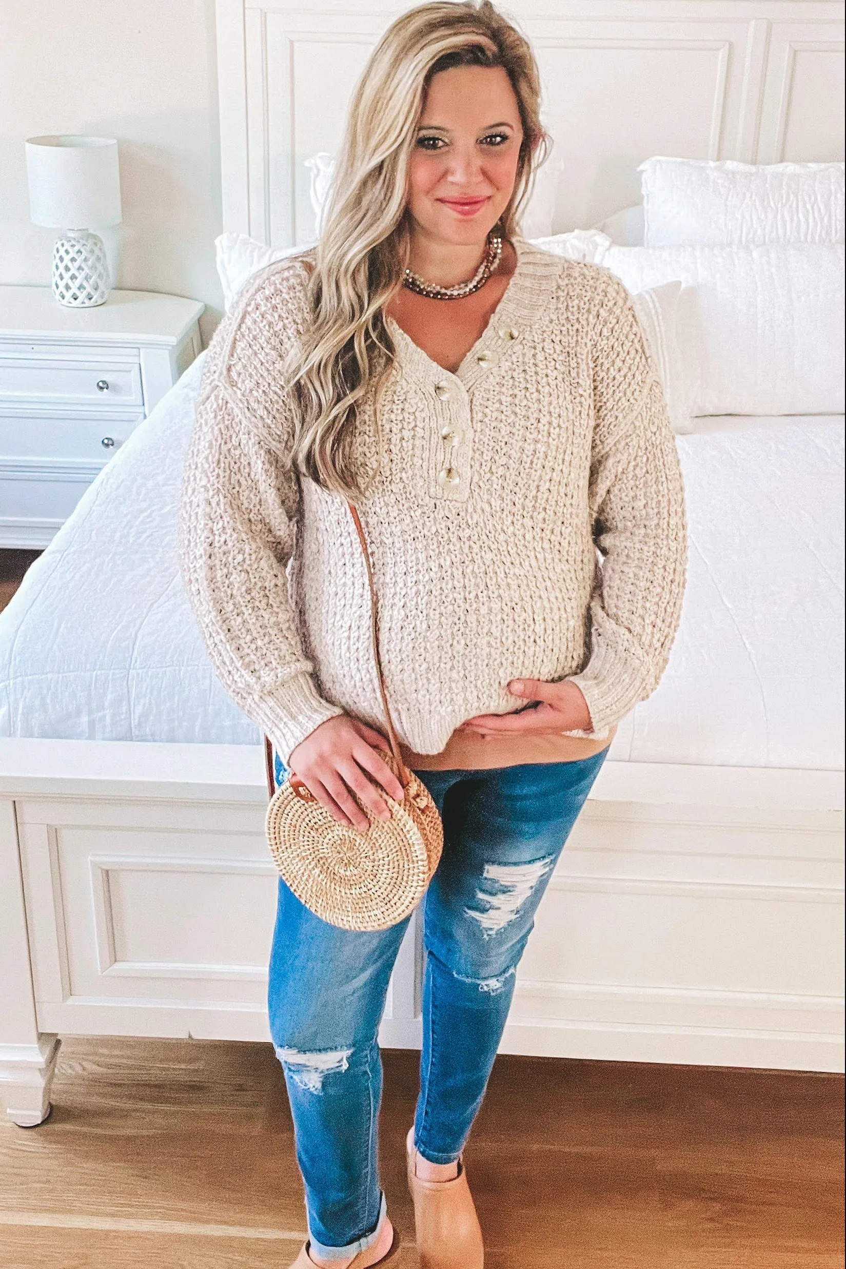 Beige Chunky Knit Button V-Neck Maternity Sweater - Image 6