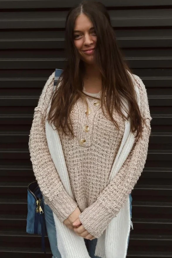 Beige Chunky Knit Button V-Neck Sweater - Image 5