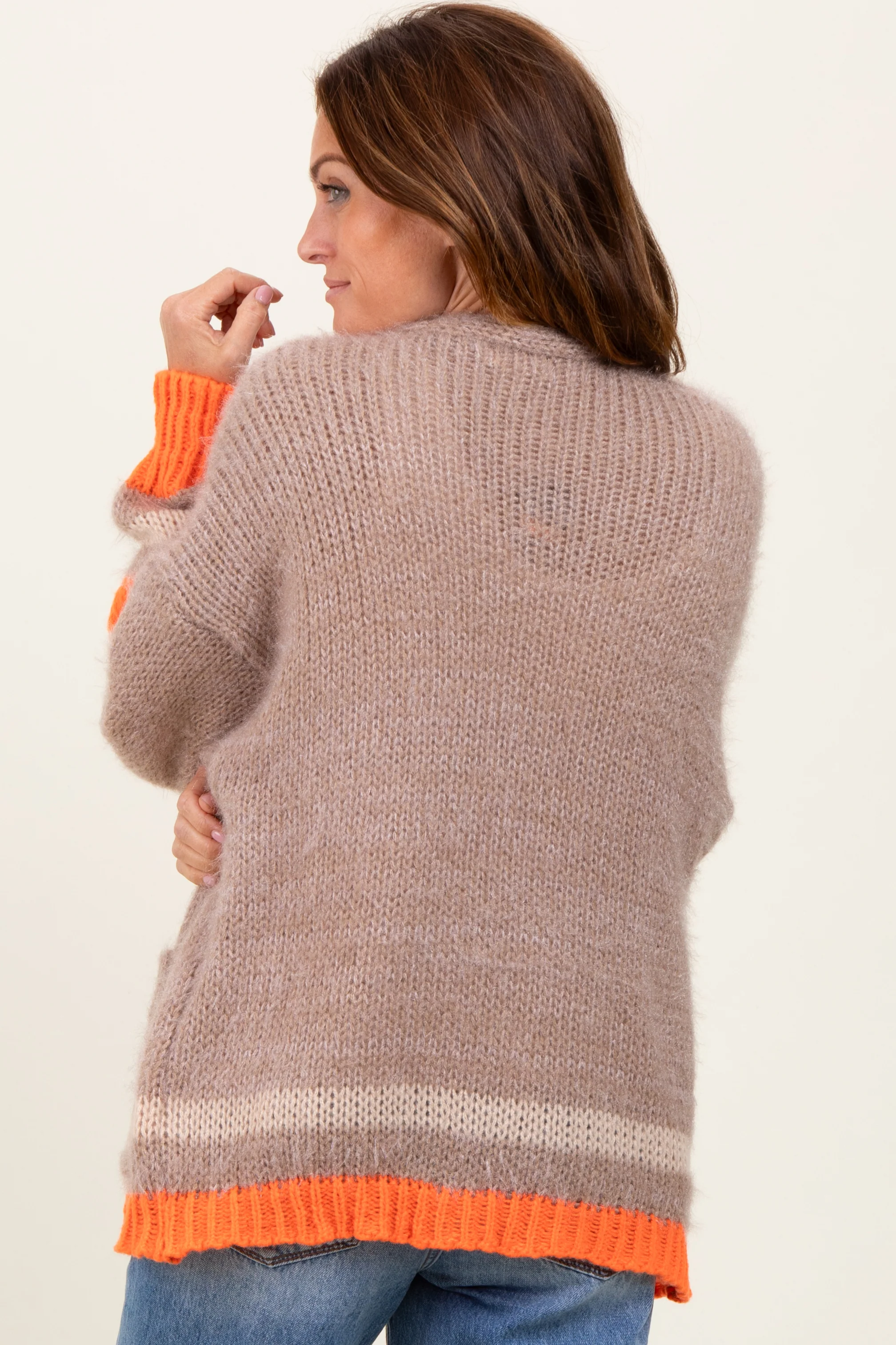 Beige Chunky Knit Stripe Detail Sweater Cardigan - Image 4