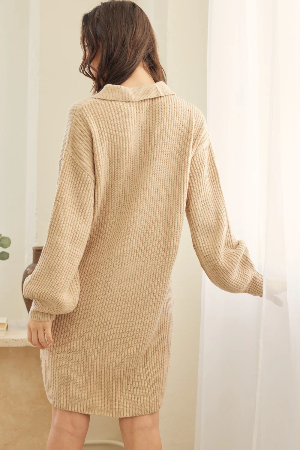 Beige Collared Button Front Sweater Dress - Image 3