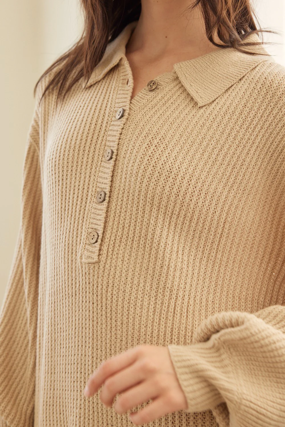 Beige Collared Button Front Sweater Dress - Image 4