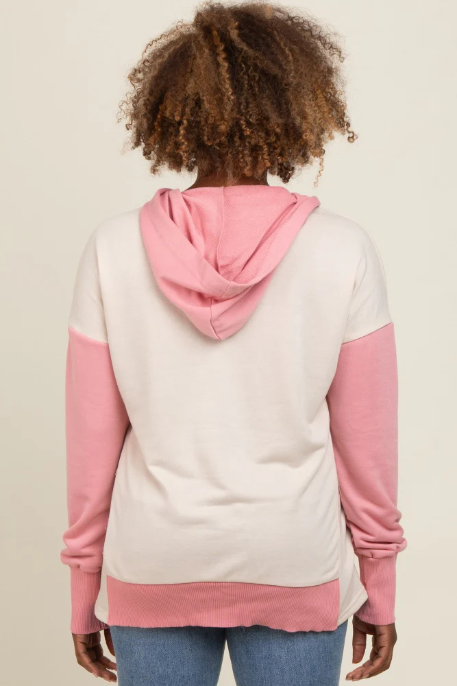Beige Colorblock Relaxed Fit Hoodie - Image 3