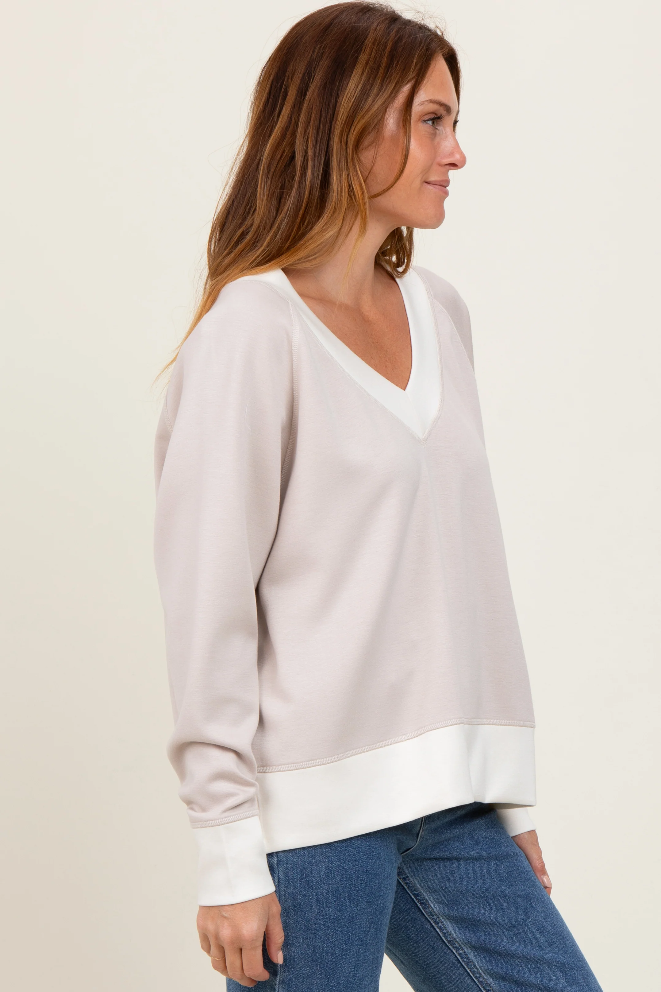 Beige Colorblock V-Neck Pullover Top - Image 3