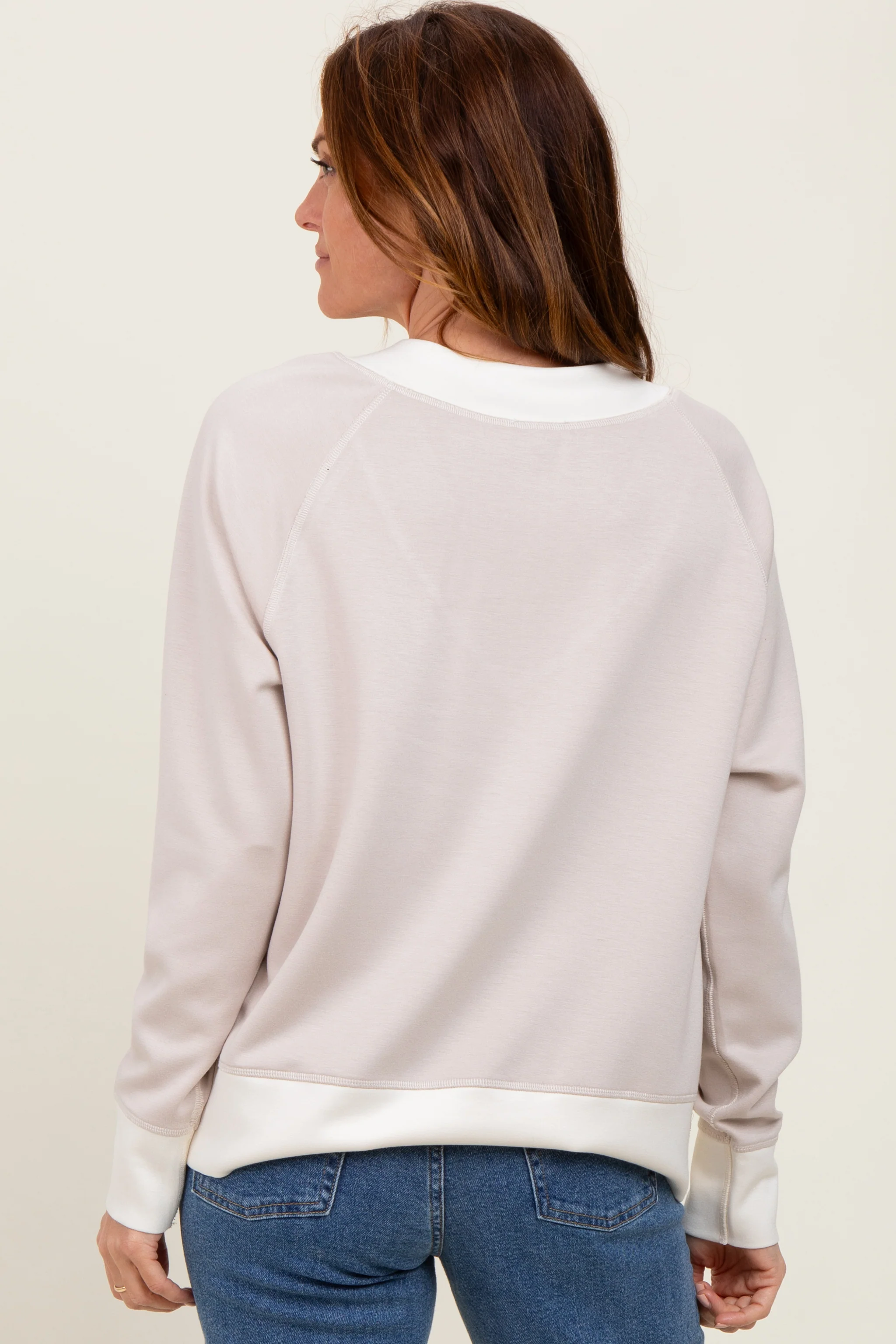 Beige Colorblock V-Neck Pullover Top - Image 4