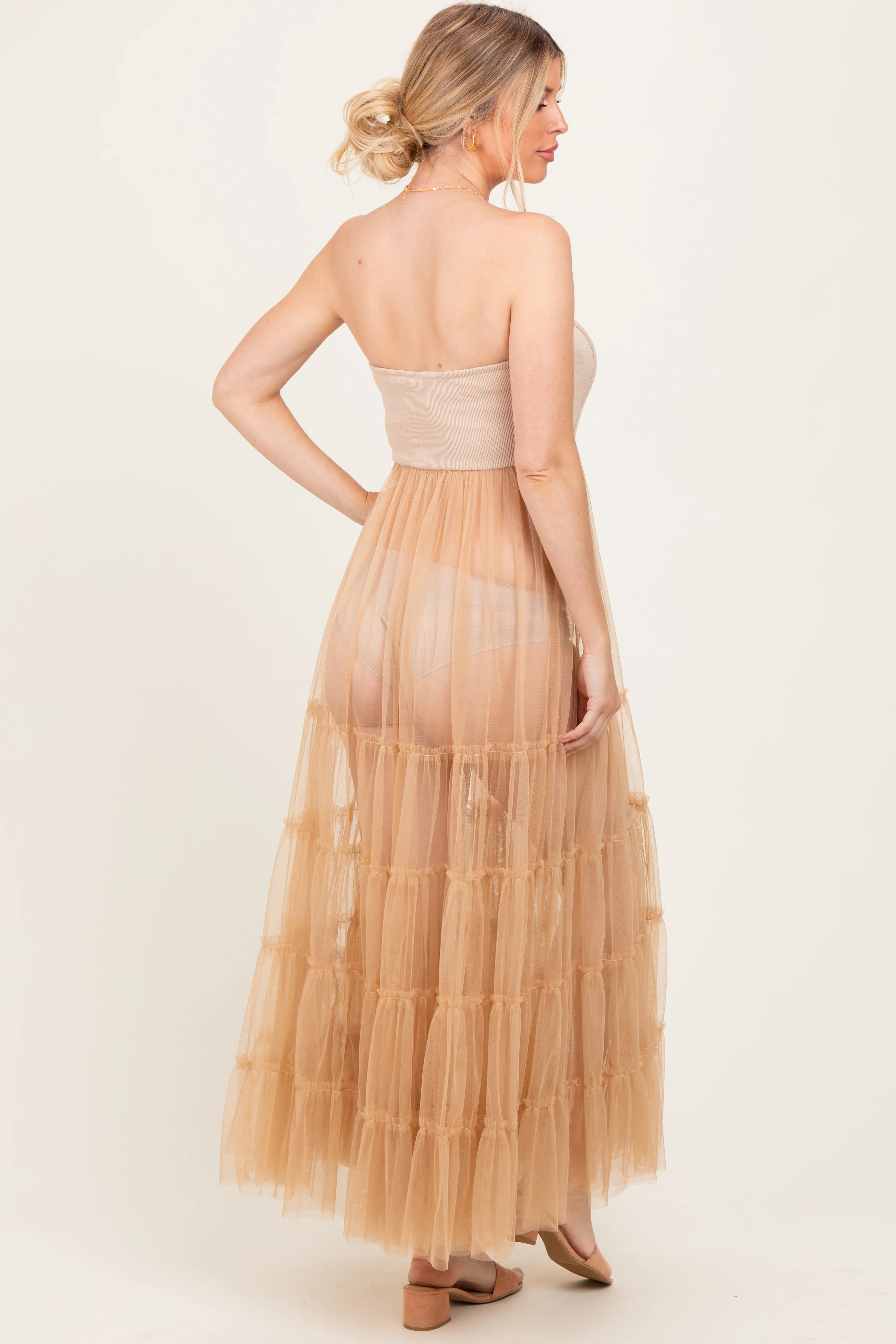 Beige Corset Tiered Tulle Maternity Photoshoot Dress - Image 4