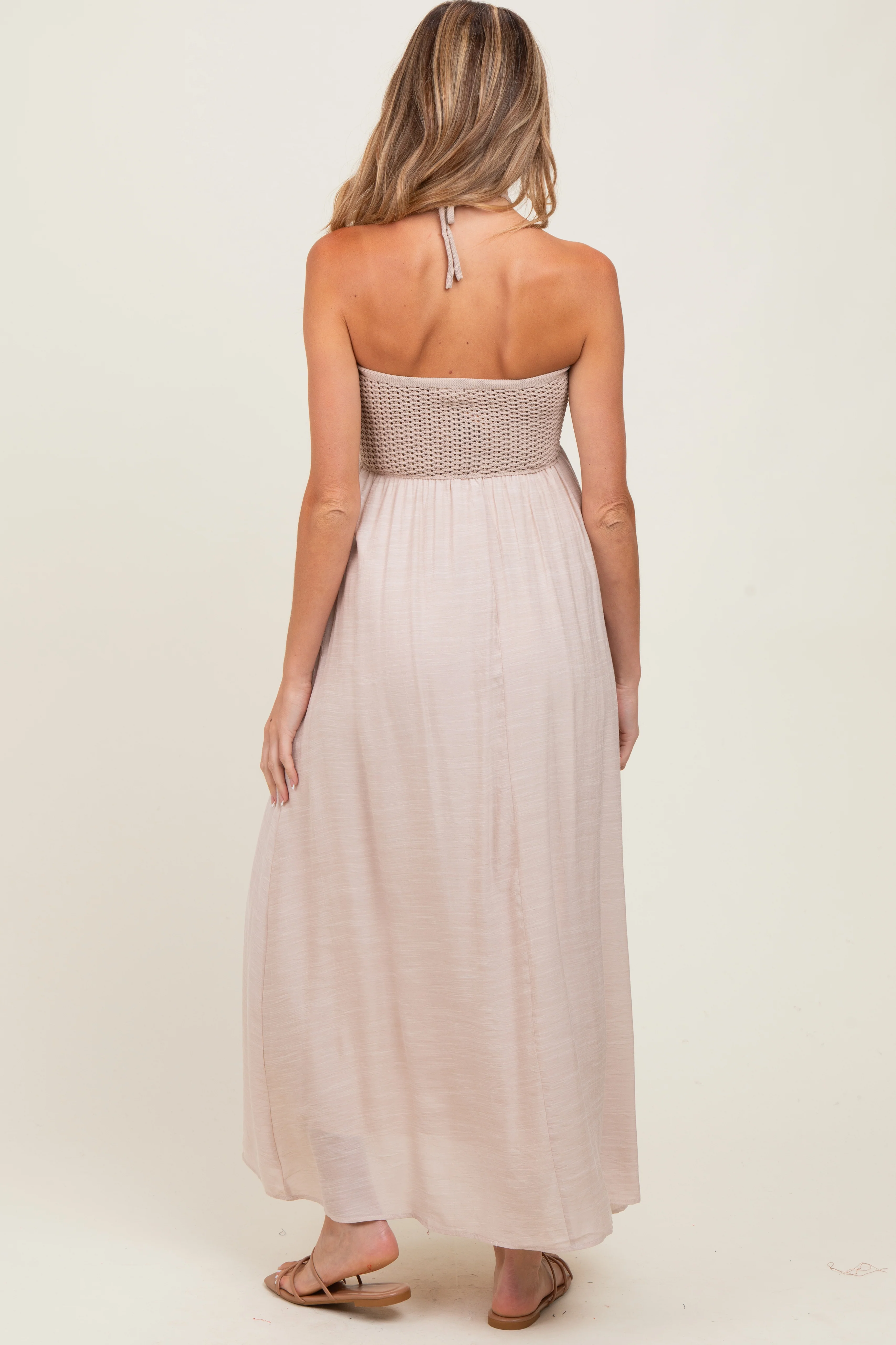 Beige Crochet Contrast Beaded Halter Neck Maternity Maxi Dress - Image 4
