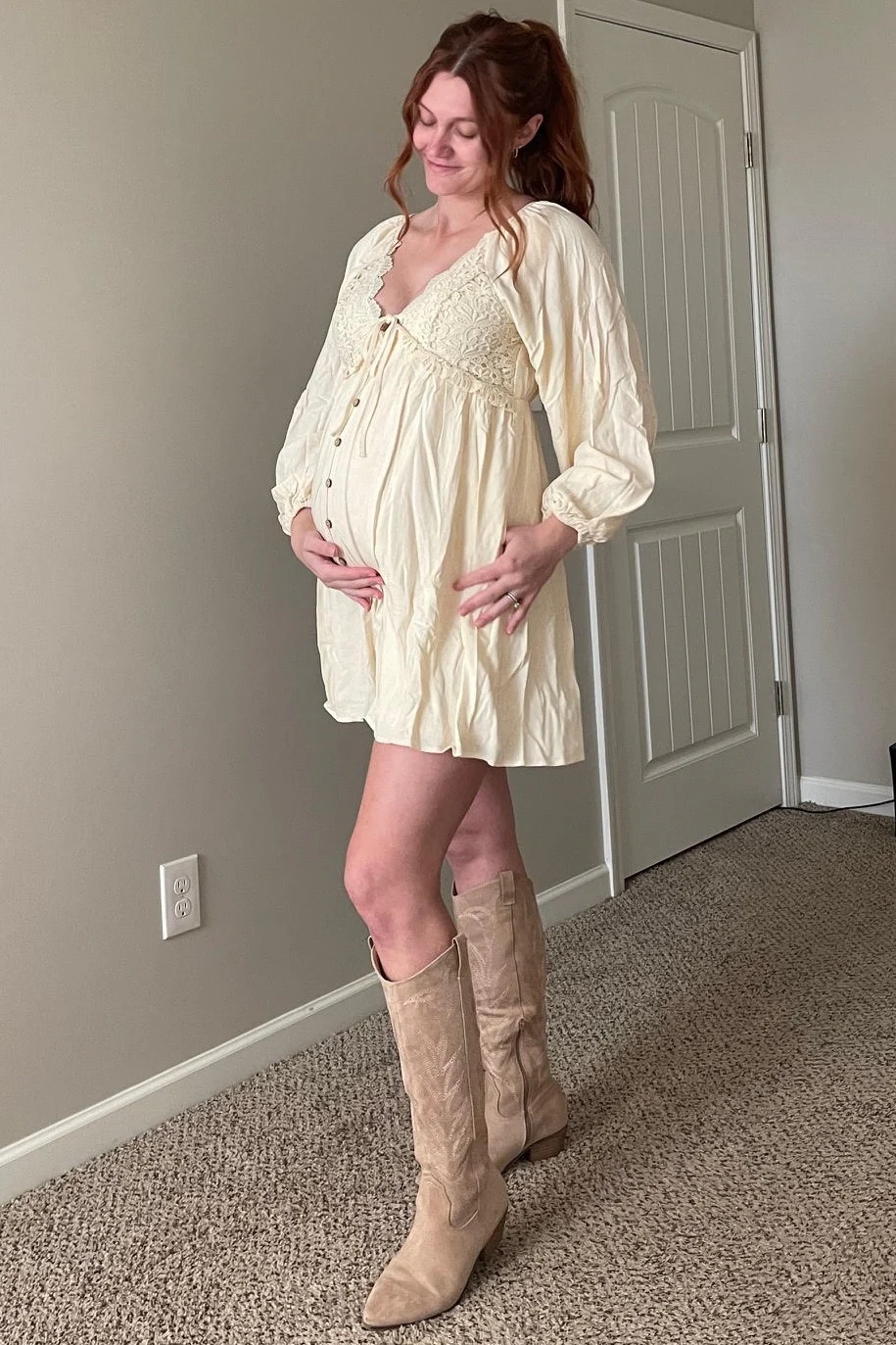 Beige Crochet Lace Button Front Maternity Dress - Image 11