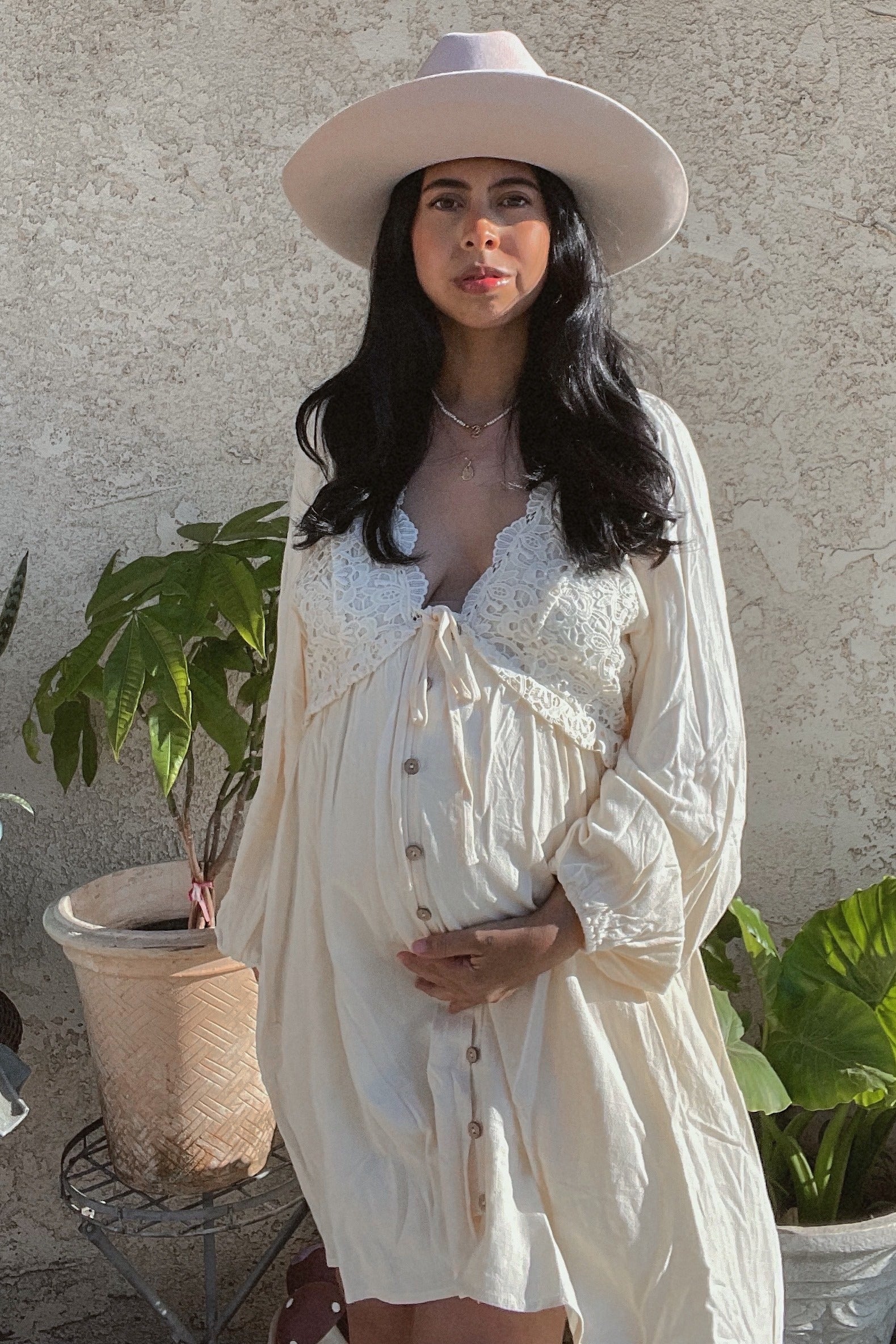 Beige Crochet Lace Button Front Maternity Dress - Image 18