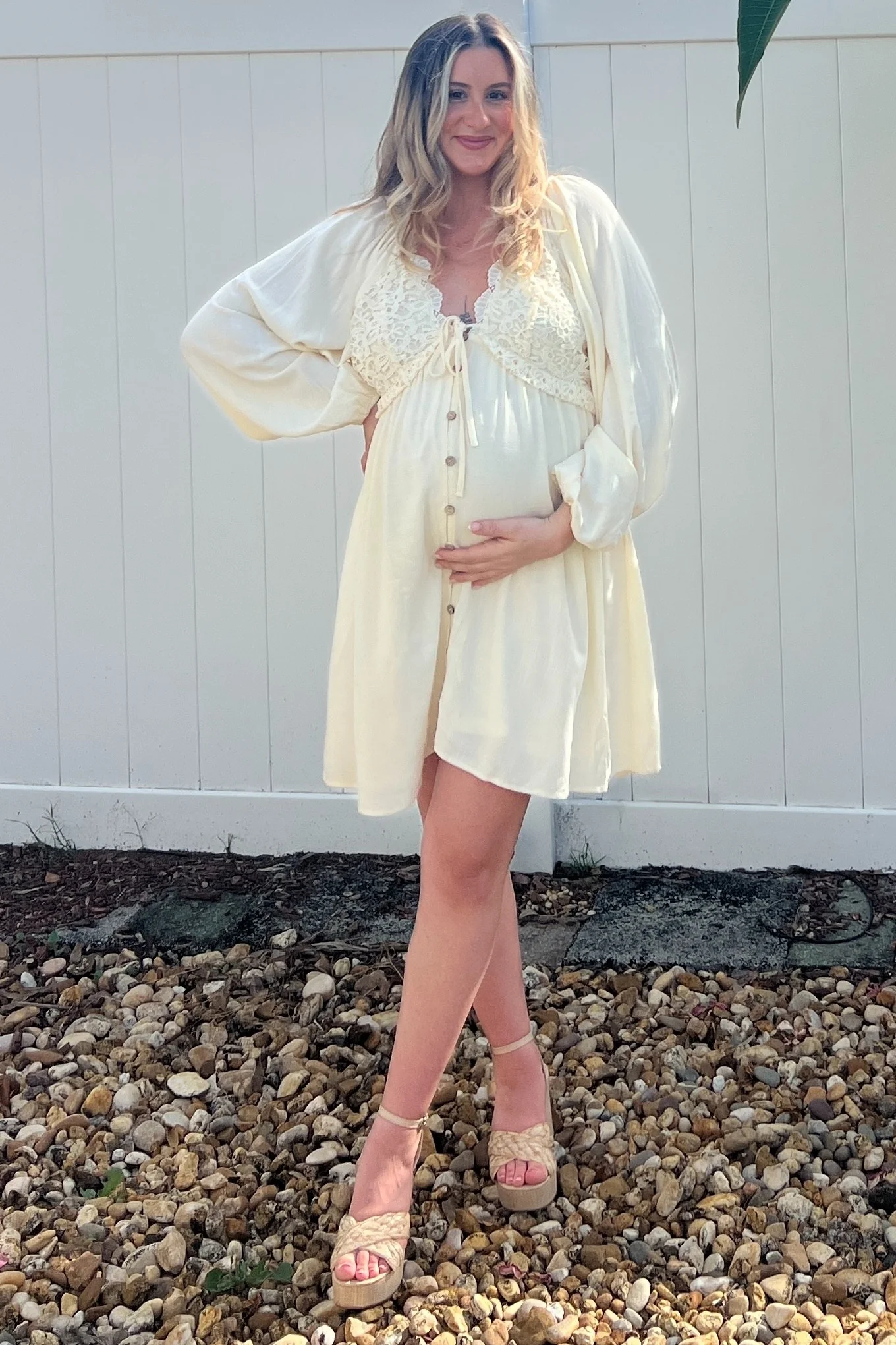 Beige Crochet Lace Button Front Maternity Dress - Image 8