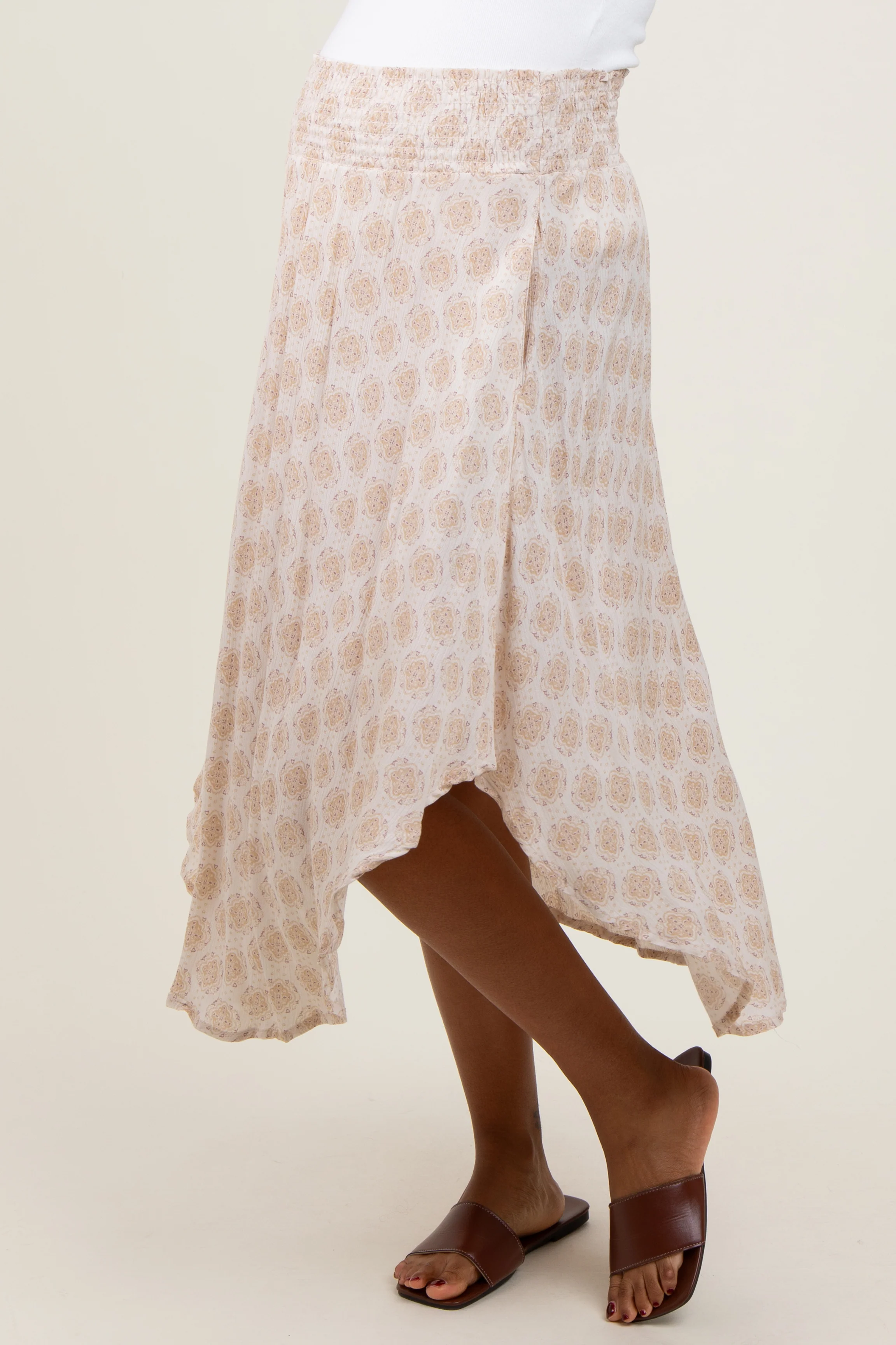 Beige Damask Print Smocked Waistband Maternity Midi Skirt - Image 2