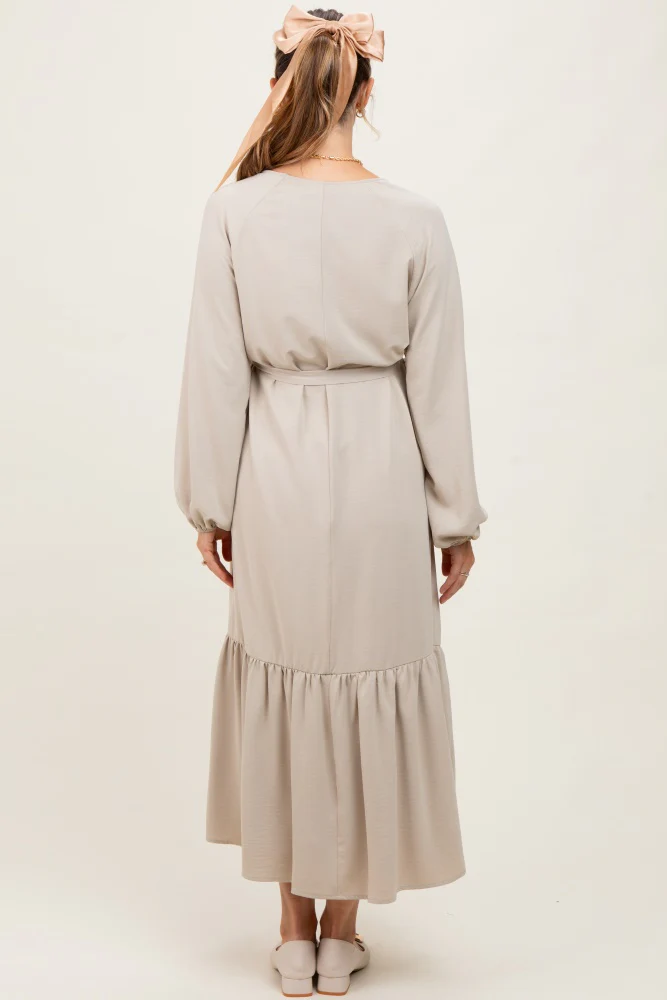 Beige Elegant Long Sleeve Waist Tie Maternity Midi Dress - Image 3