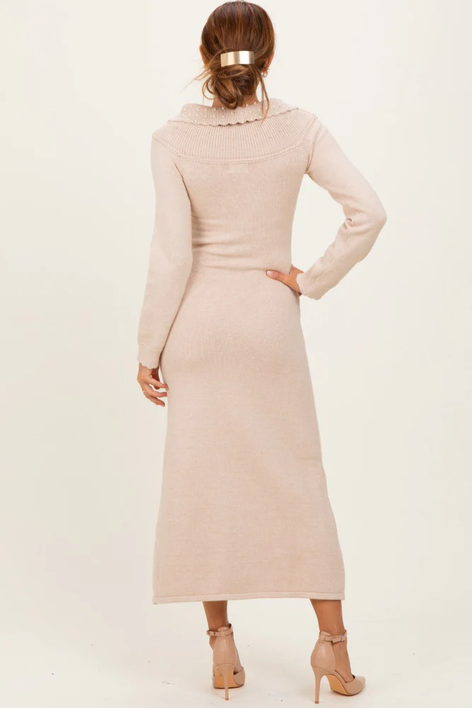 Beige Faux Pearl Detail Off Shoulder Sweater Dress - Image 4