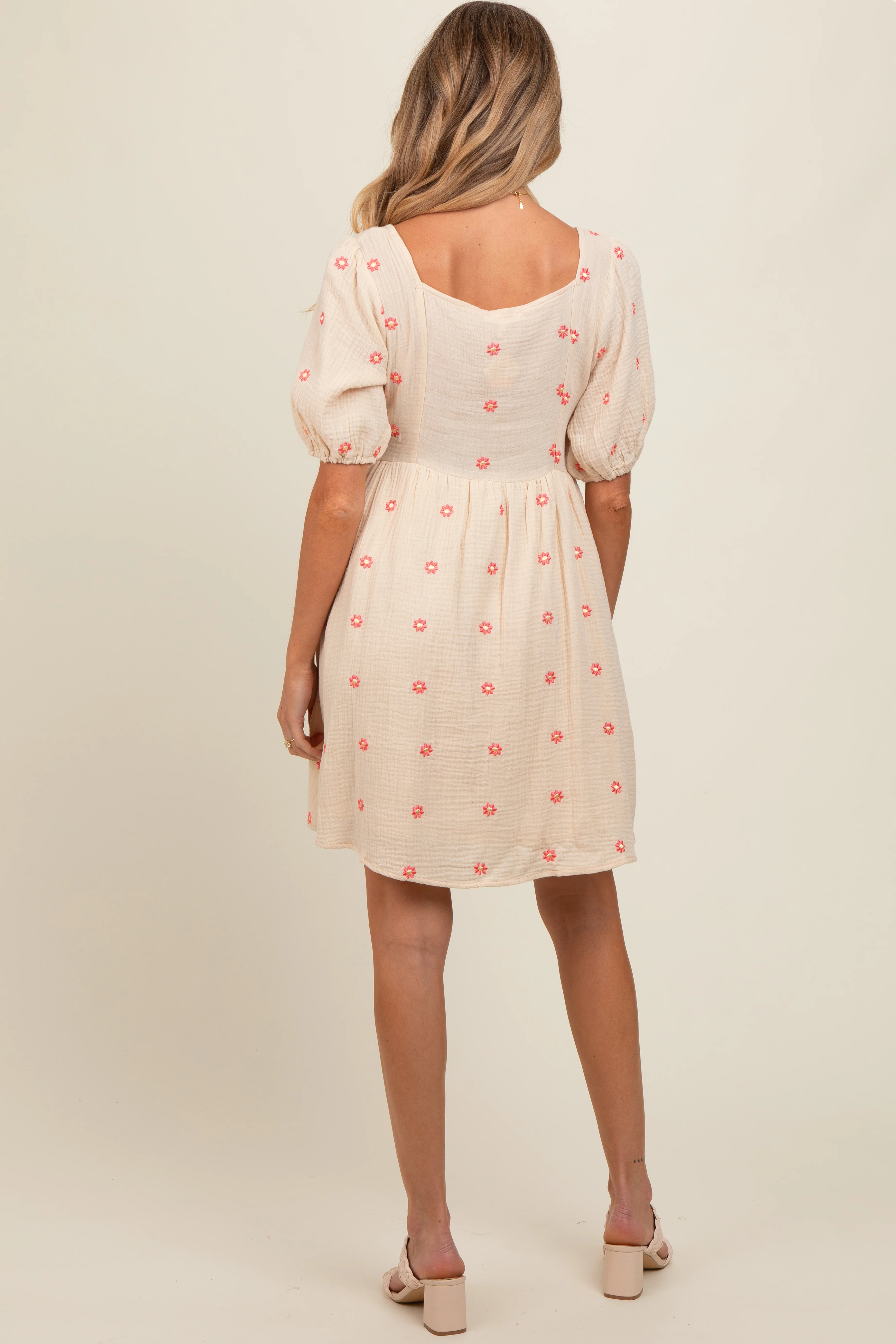 Beige Floral Embroidered Button Front Short Sleeve Maternity Dress - Image 5