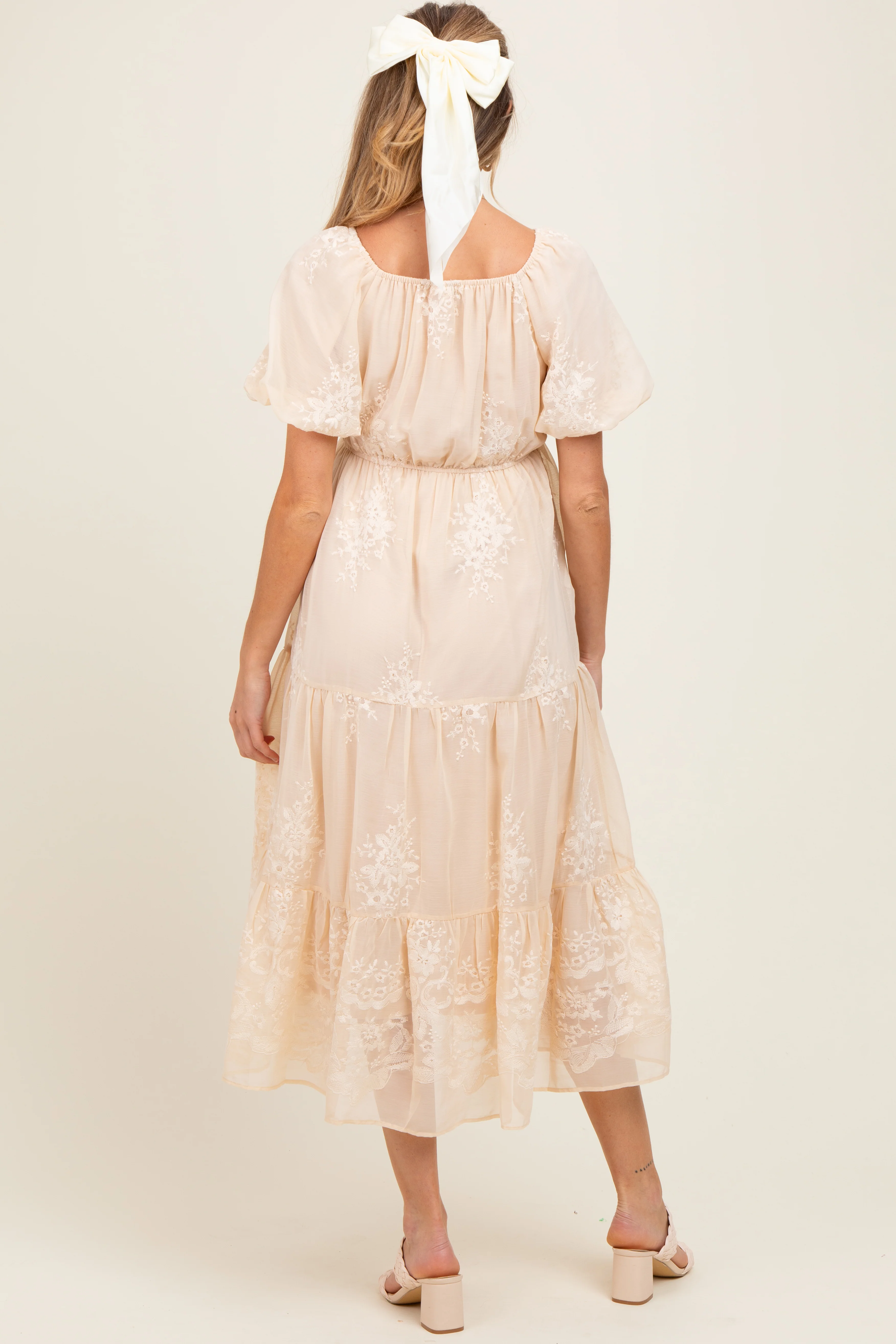 Beige Floral Embroidered Chiffon Maternity Midi Dress - Image 3