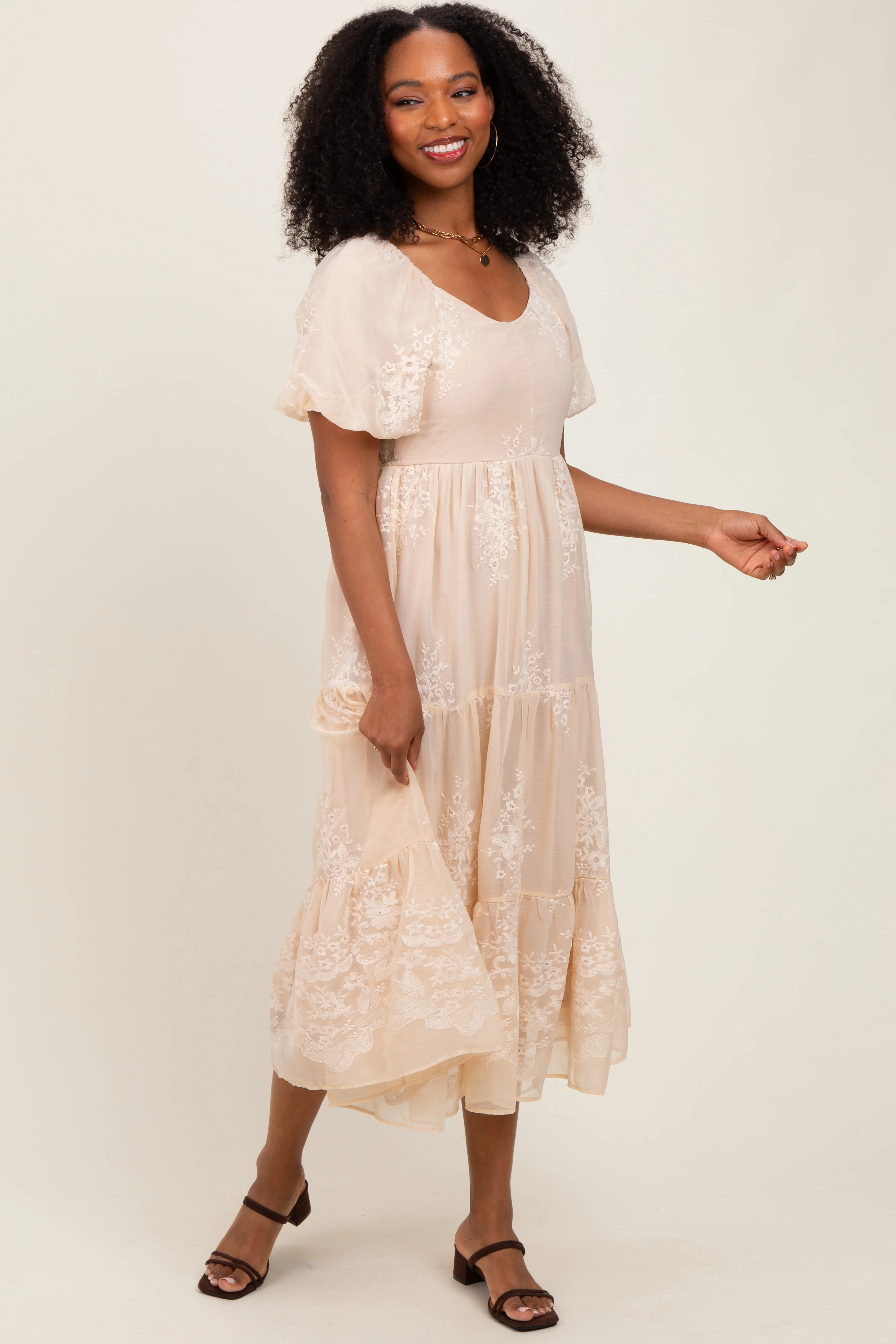 Beige Floral Embroidered Chiffon Midi Dress