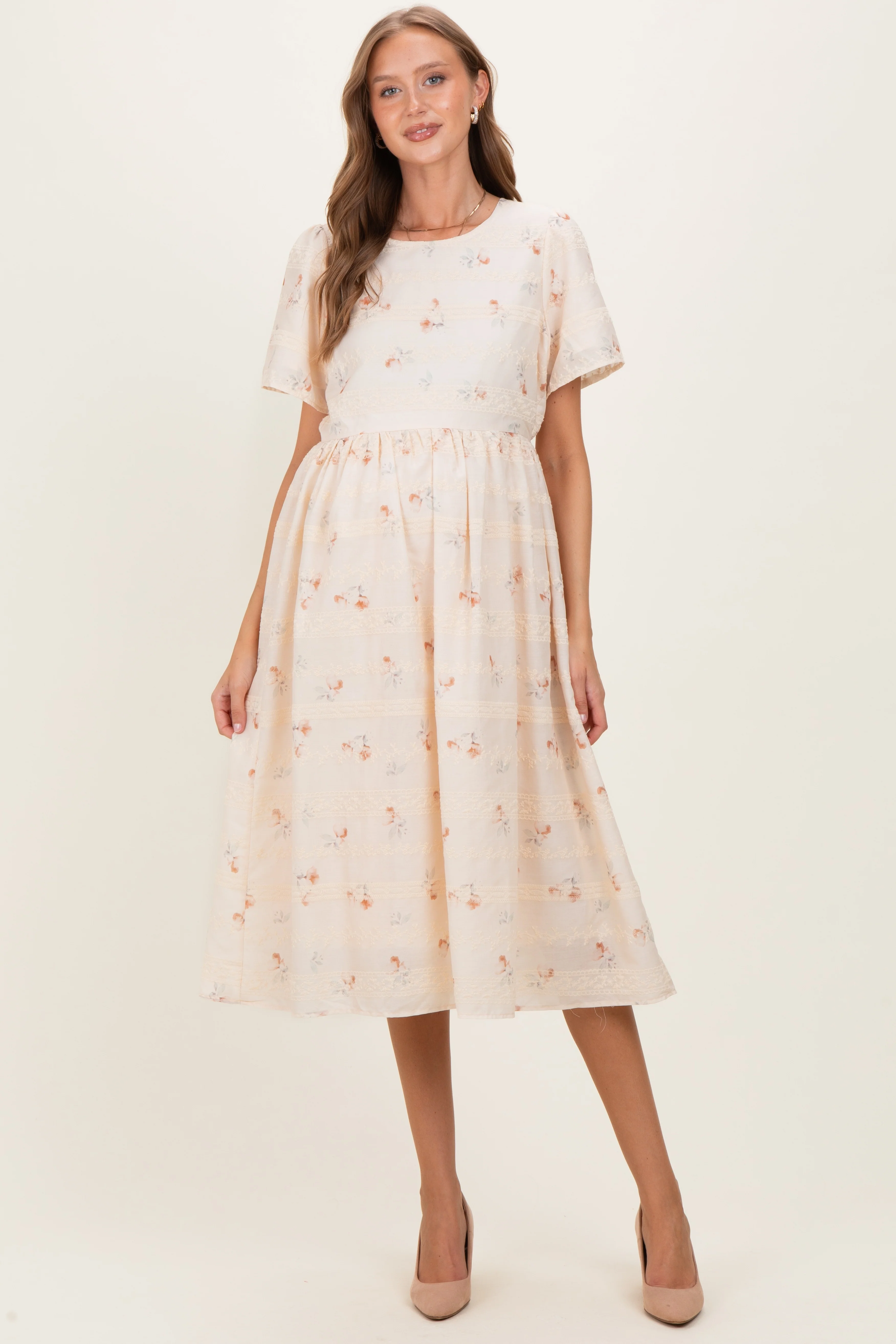 Beige Floral Embroidered Short Sleeve Maternity Midi Dress