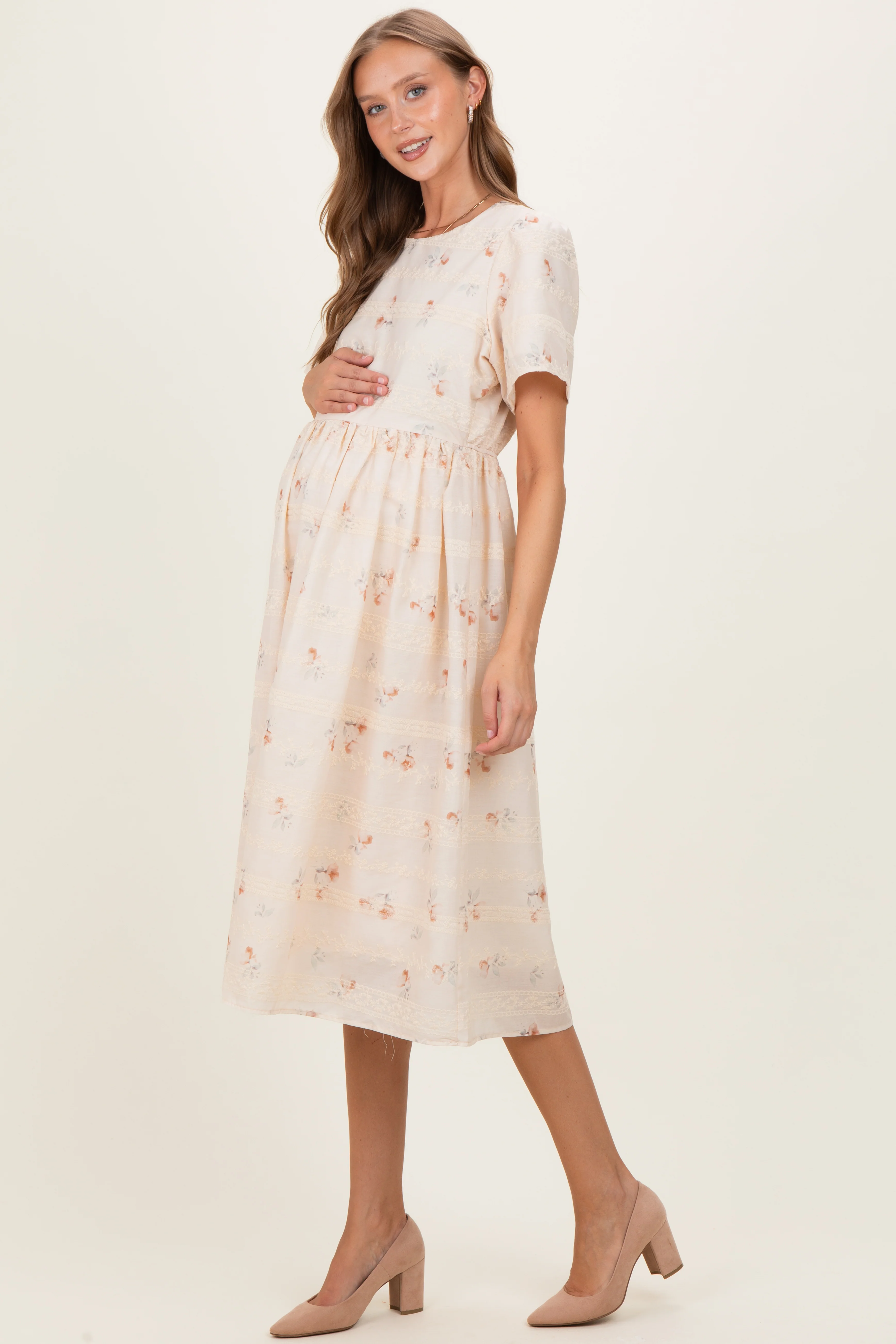 Beige Floral Embroidered Short Sleeve Maternity Midi Dress - Image 2