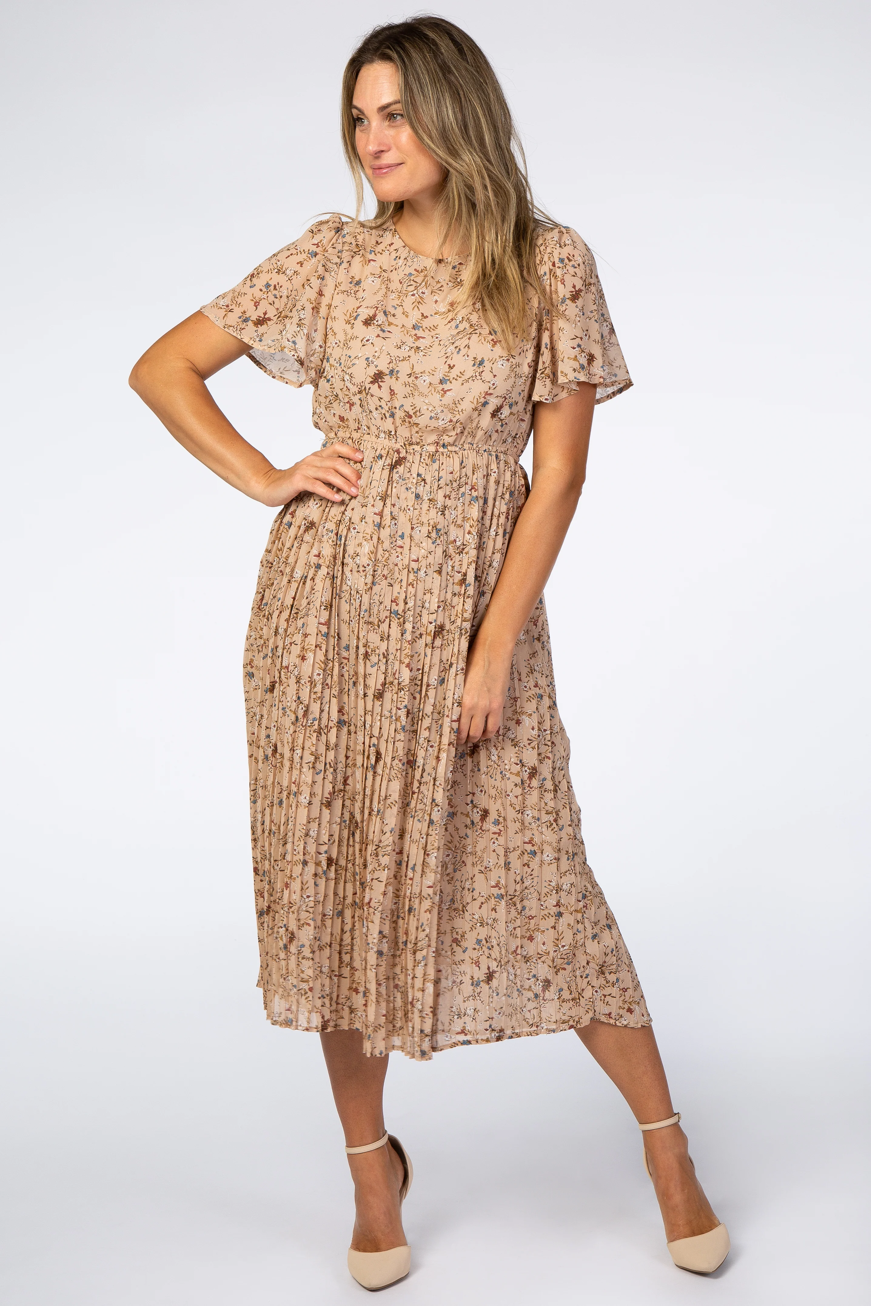 Beige Floral Pleated Short Sleeve Chiffon Maternity Midi Dress - Image 30