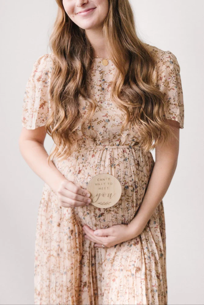 Beige Floral Pleated Short Sleeve Chiffon Maternity Midi Dress - Image 8